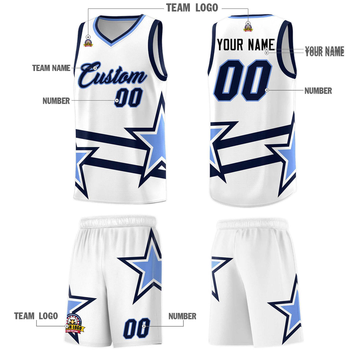Custom White Basketball Kits With Light Blue Star Pattern And Double Lines