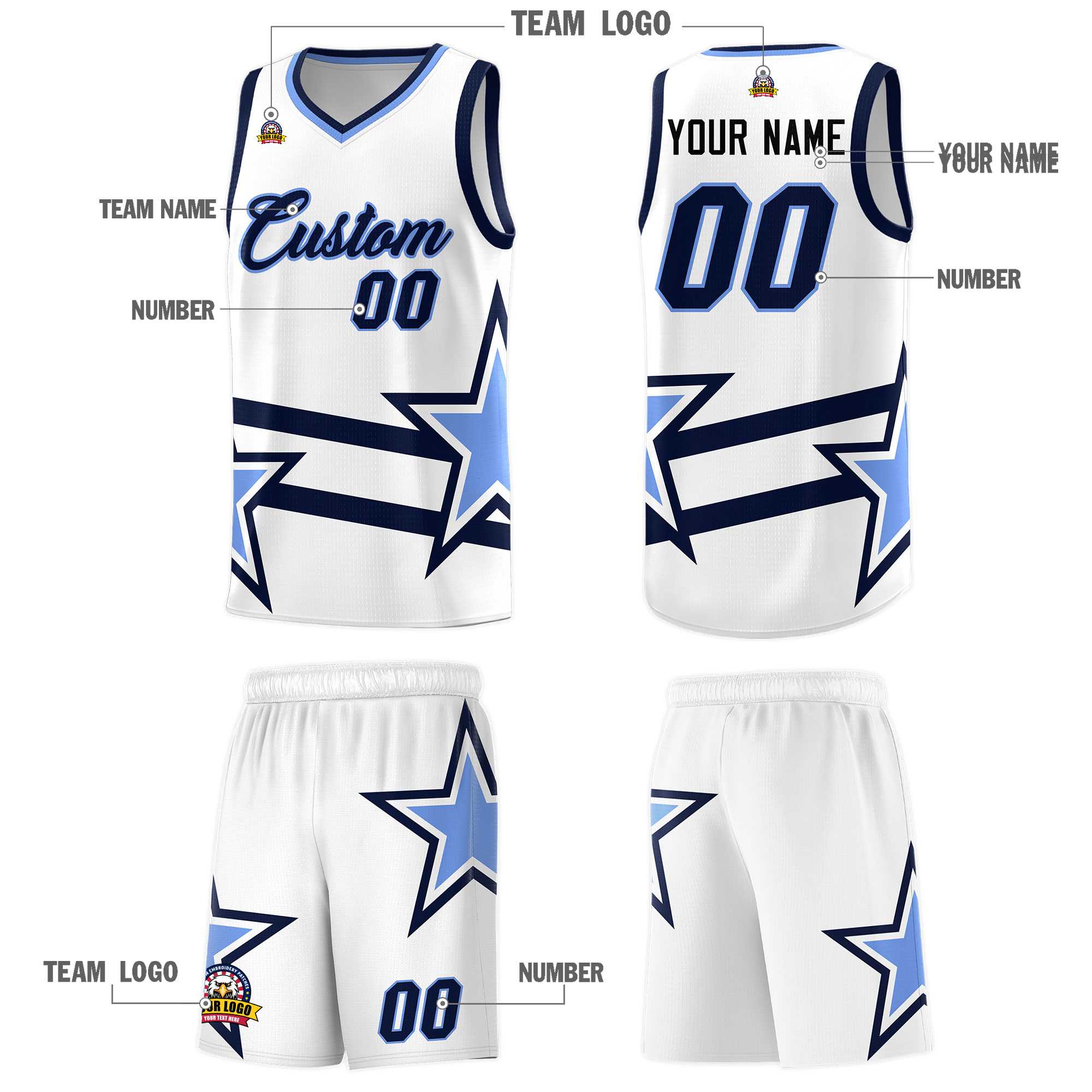 Custom White Basketball Kits With Light Blue Star Pattern And Double Lines