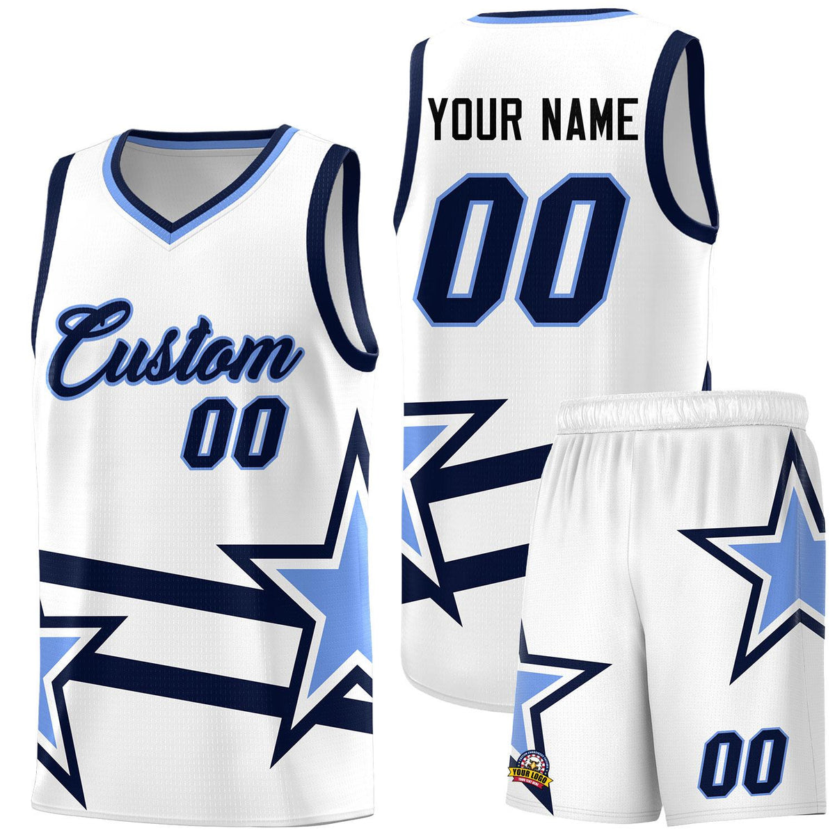 Custom White Basketball Kits With Light Blue Star Pattern And Double Lines