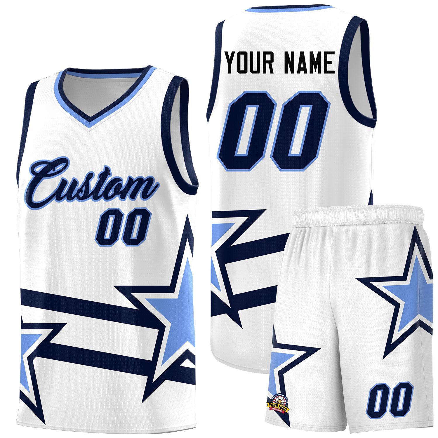 Custom White Basketball Kits With Light Blue Star Pattern And Double Lines