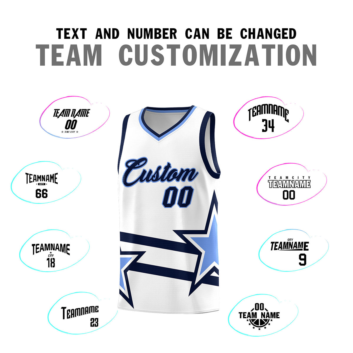 Custom White Basketball Kits With Light Blue Star Pattern And Double Lines