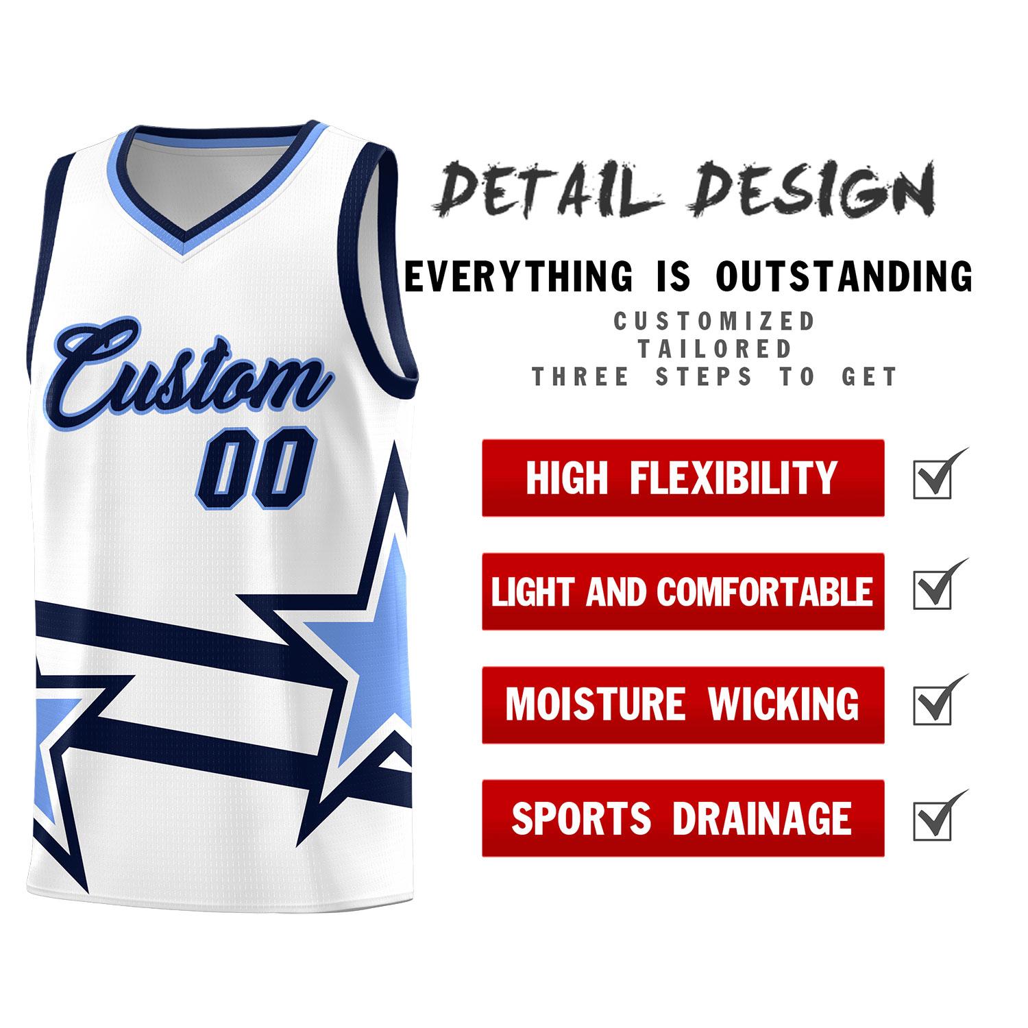 Custom White Basketball Kits With Light Blue Star Pattern And Double Lines