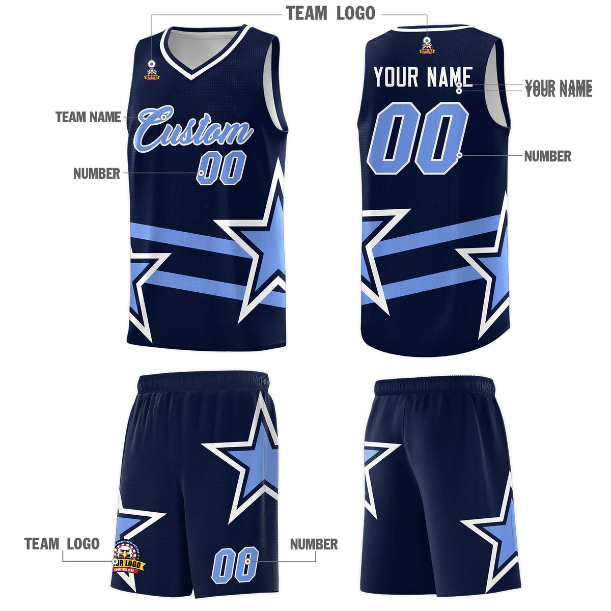 Custom Navy Basketball Kits With Light Blue Star Pattern And Double Lines