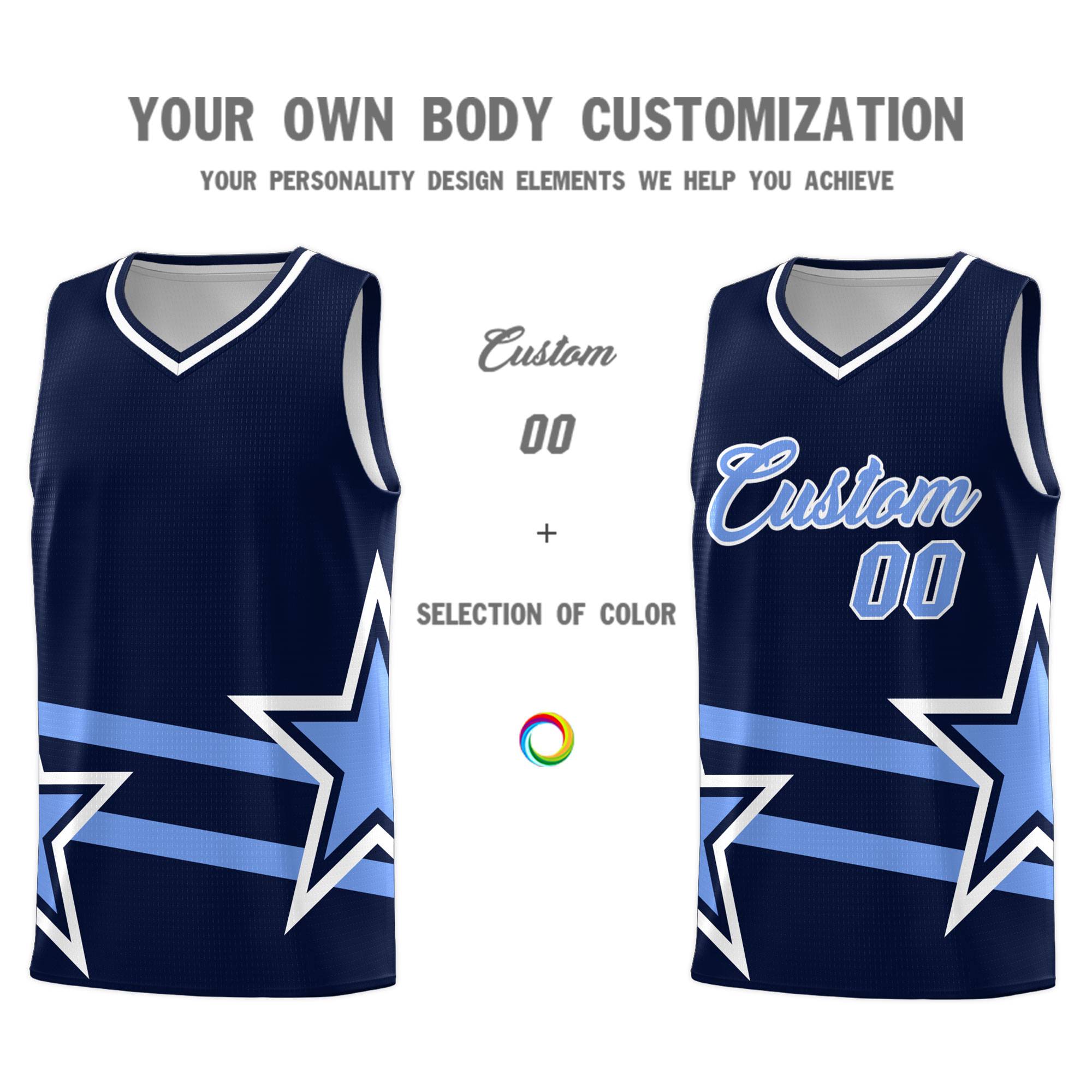 Custom Navy Basketball Kits With Light Blue Star Pattern And Double Lines