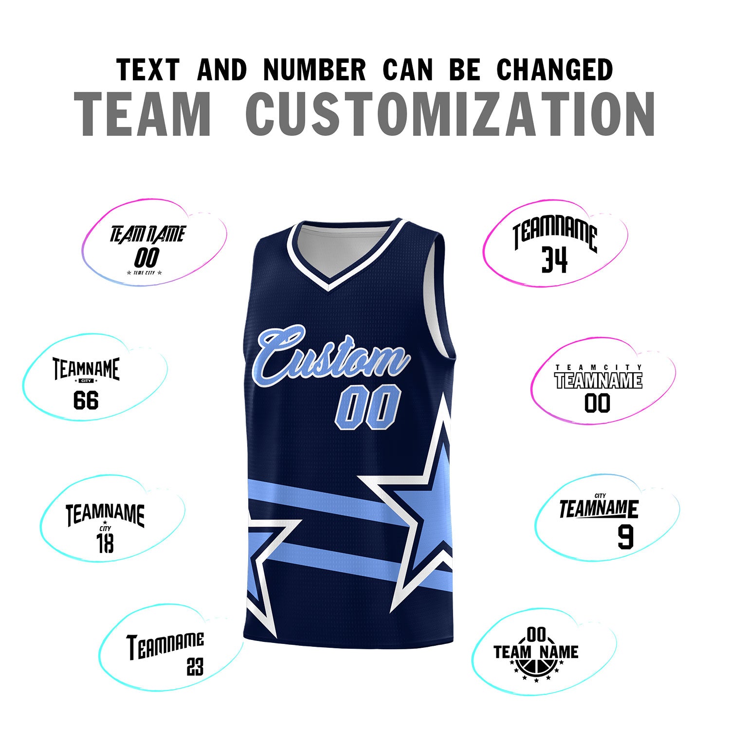 Custom Navy Basketball Kits With Light Blue Star Pattern And Double Lines
