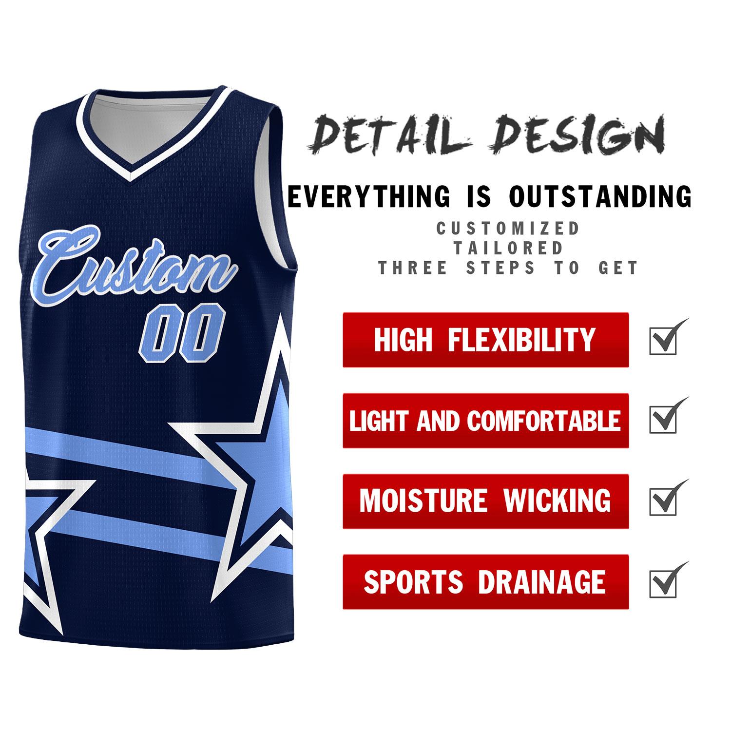 Custom Navy Basketball Kits With Light Blue Star Pattern And Double Lines