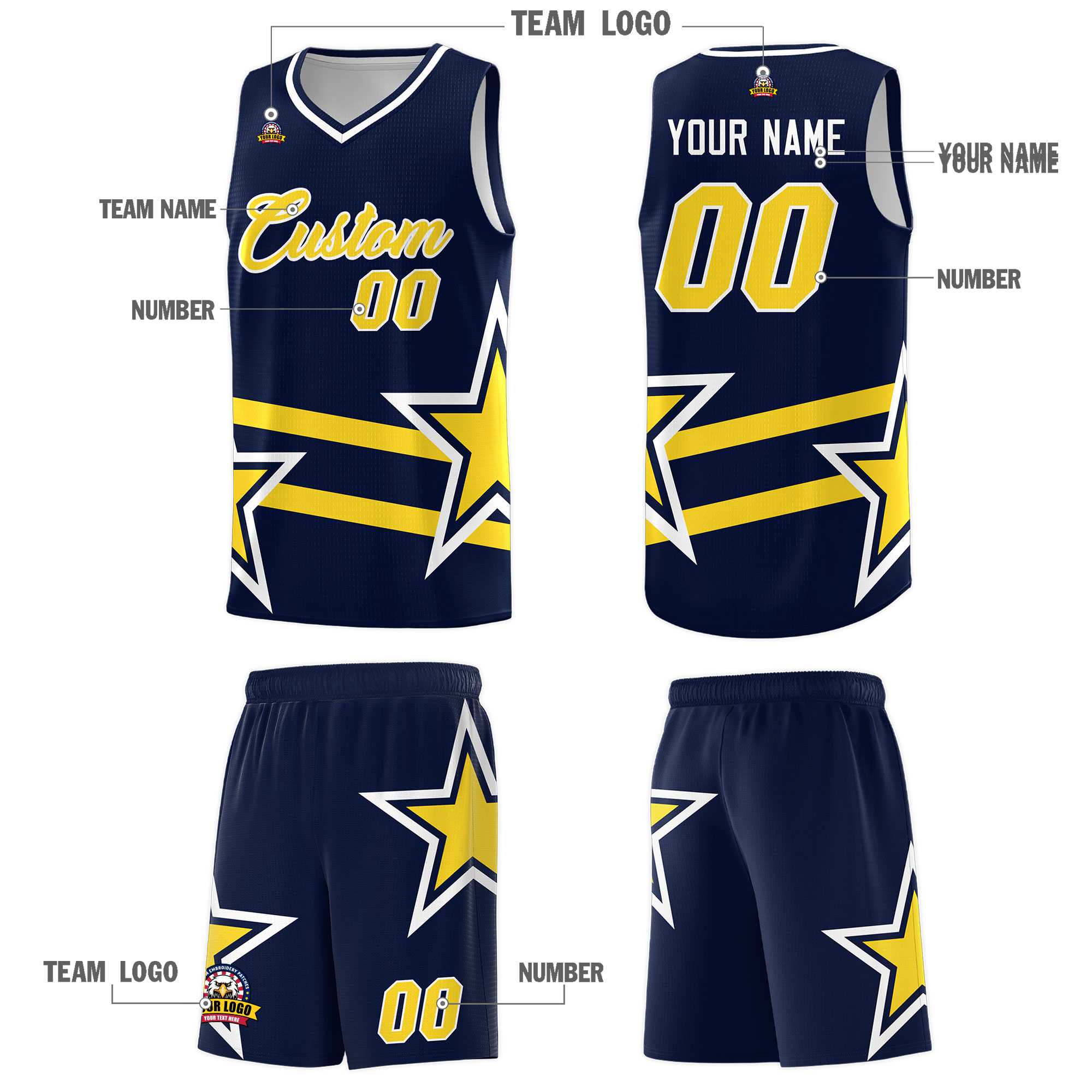 Custom Navy Basketball Kits With Gold Star Pattern And Double Lines