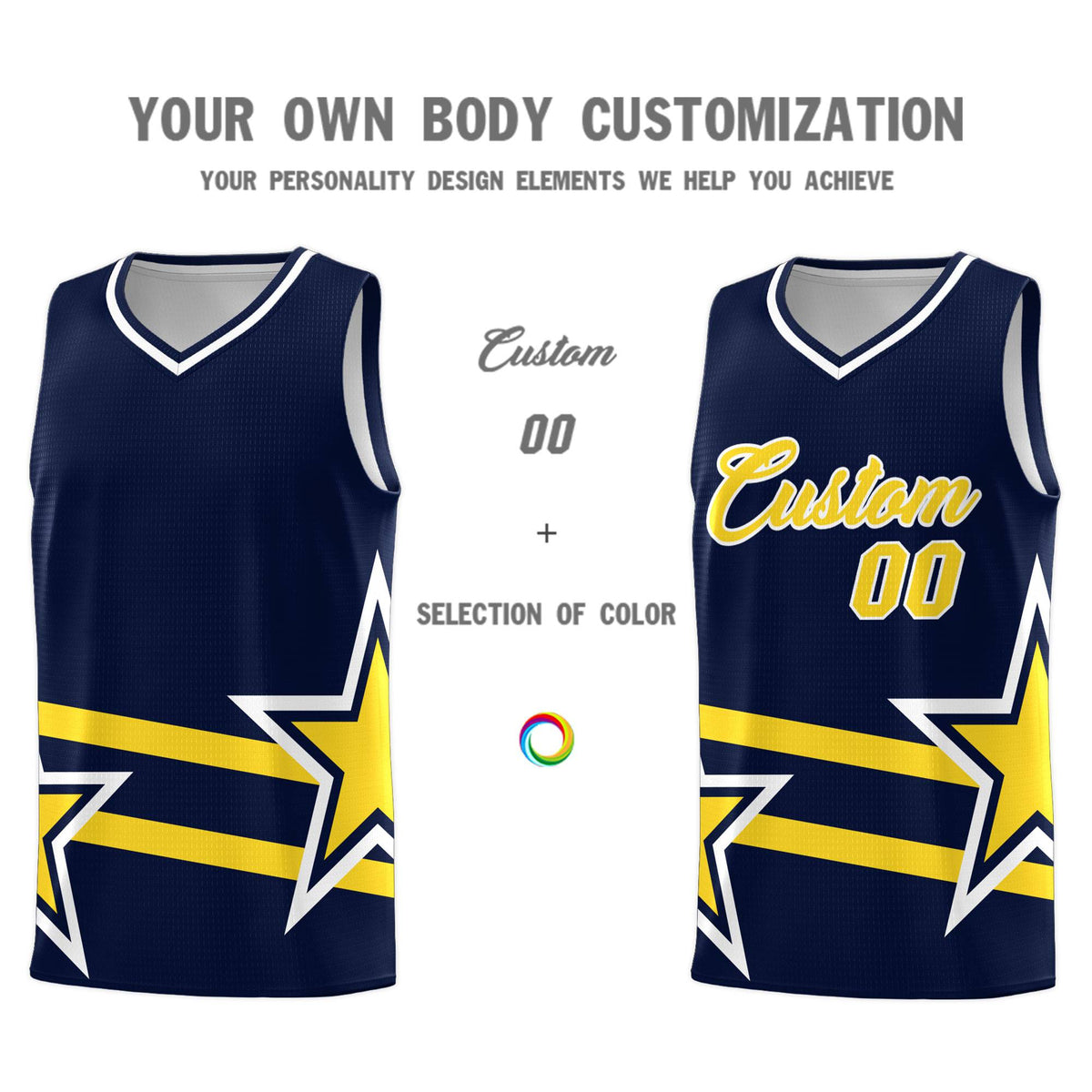 Custom Navy Basketball Kits With Gold Star Pattern And Double Lines