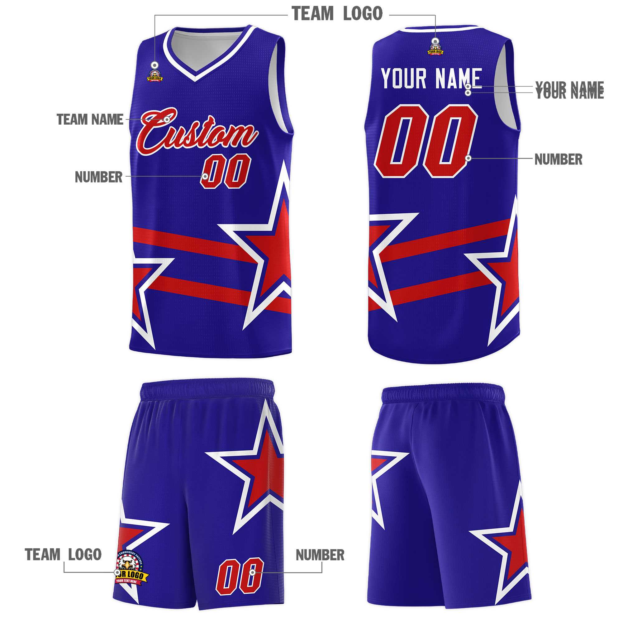 Custom Royal Basketball Kits With Red Star Pattern And Double Lines
