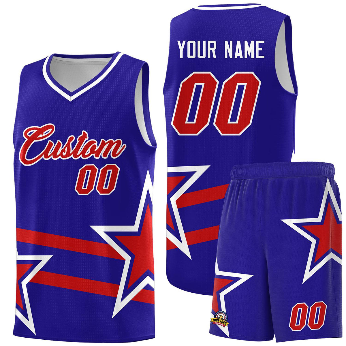 Custom Royal Basketball Kits With Red Star Pattern And Double Lines