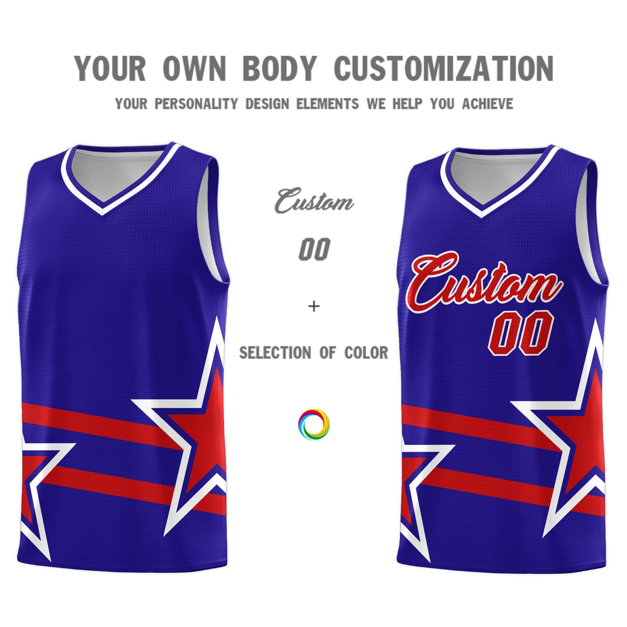 Custom Royal Basketball Kits With Red Star Pattern And Double Lines