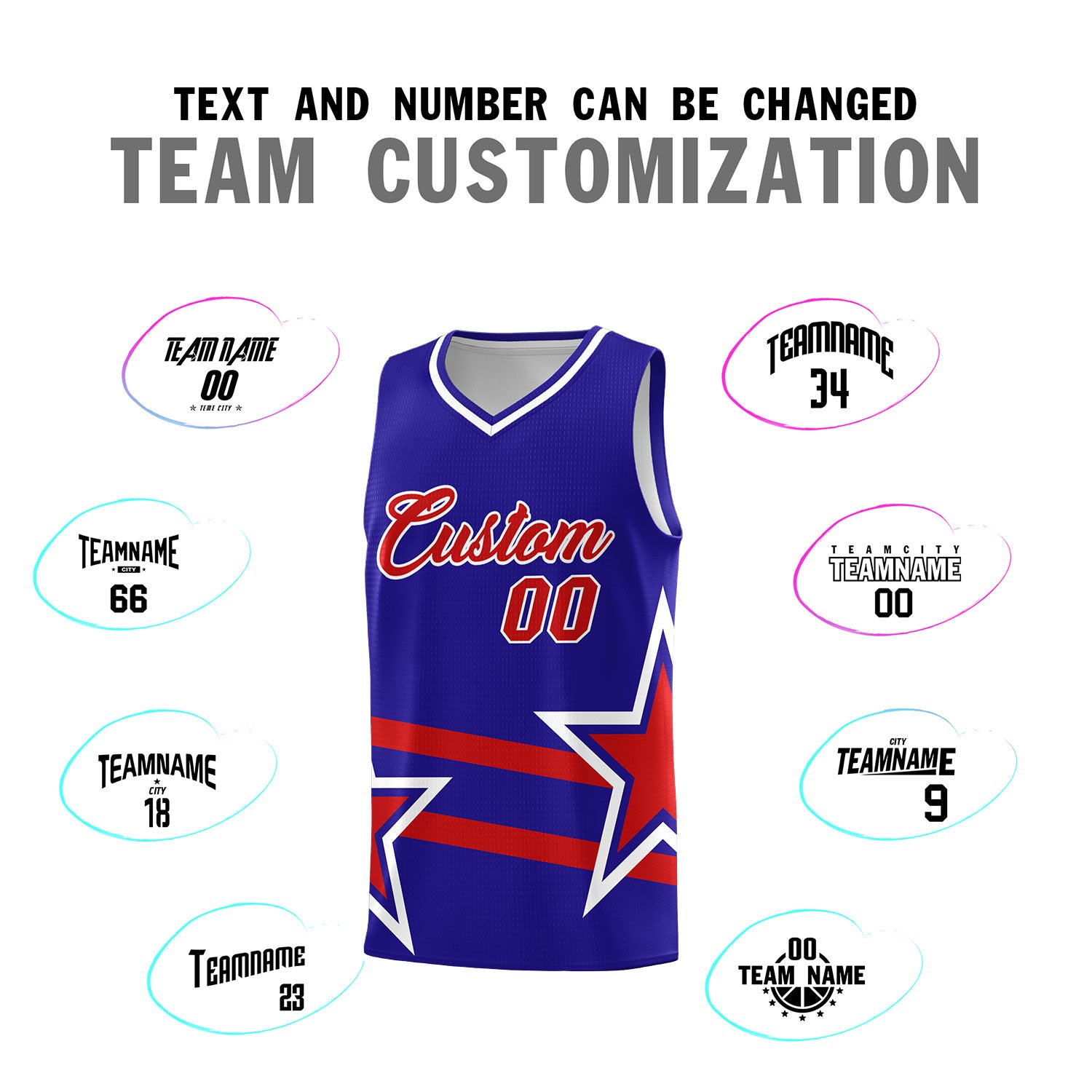 Custom Royal Basketball Kits With Red Star Pattern And Double Lines