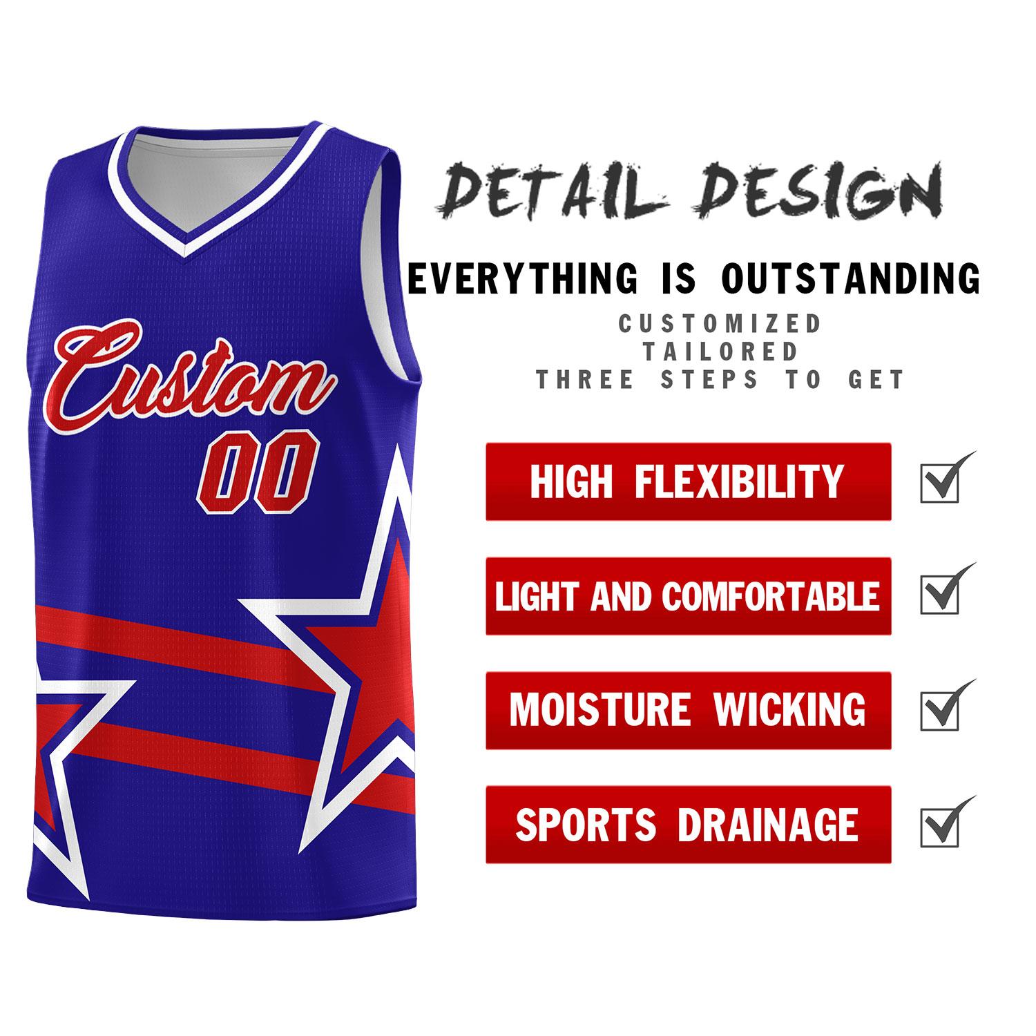 Custom Royal Basketball Kits With Red Star Pattern And Double Lines
