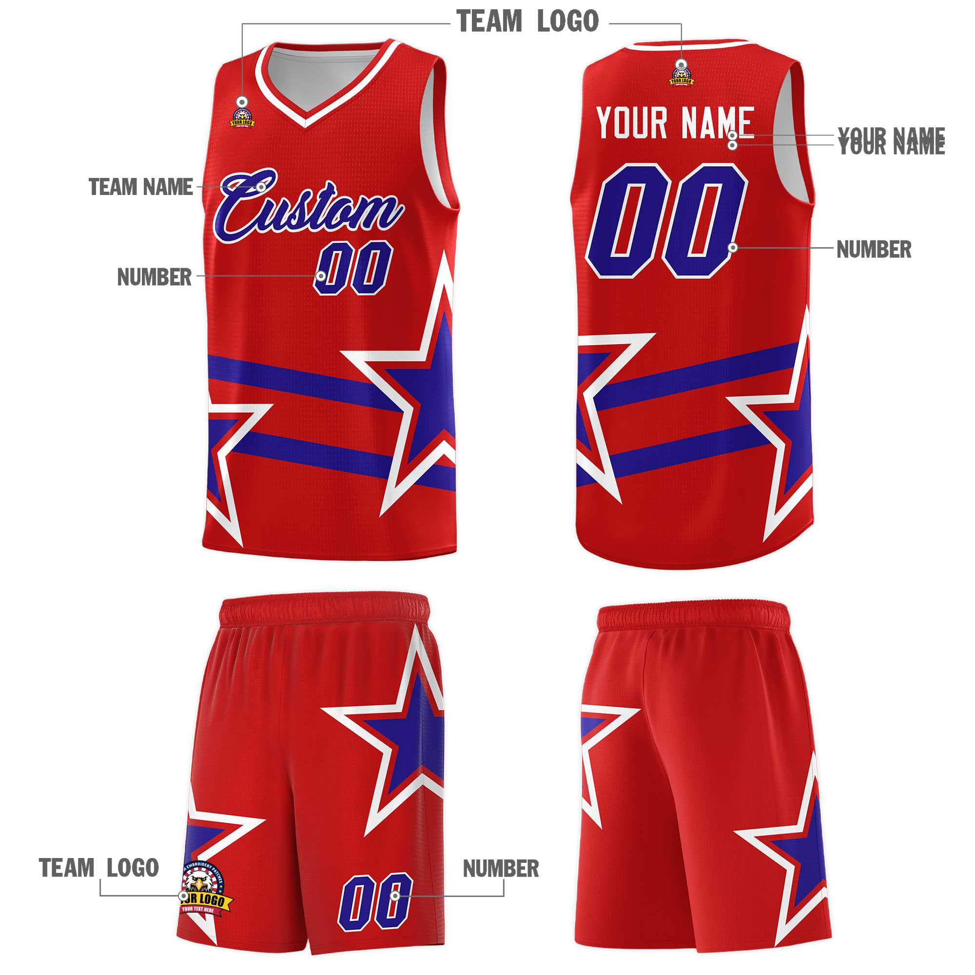 Custom Red Basketball Kits With Royal Star Pattern And Double Lines