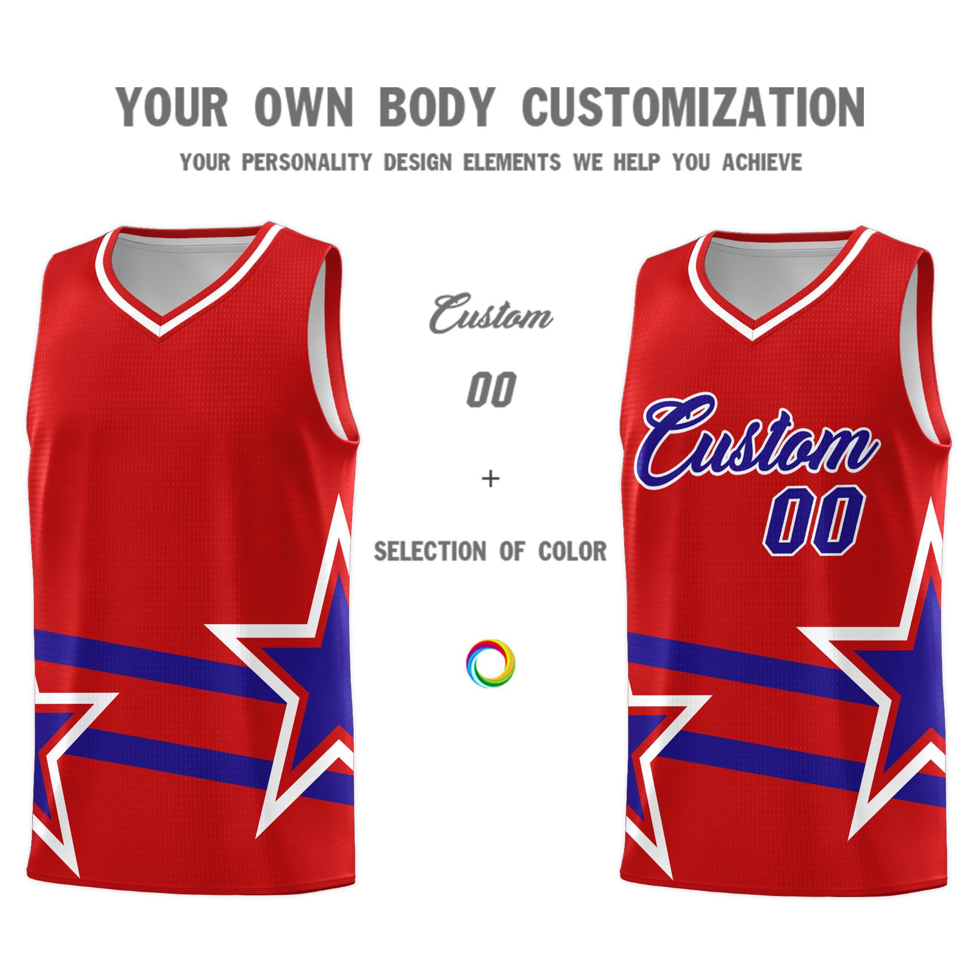Custom Red Basketball Kits With Royal Star Pattern And Double Lines