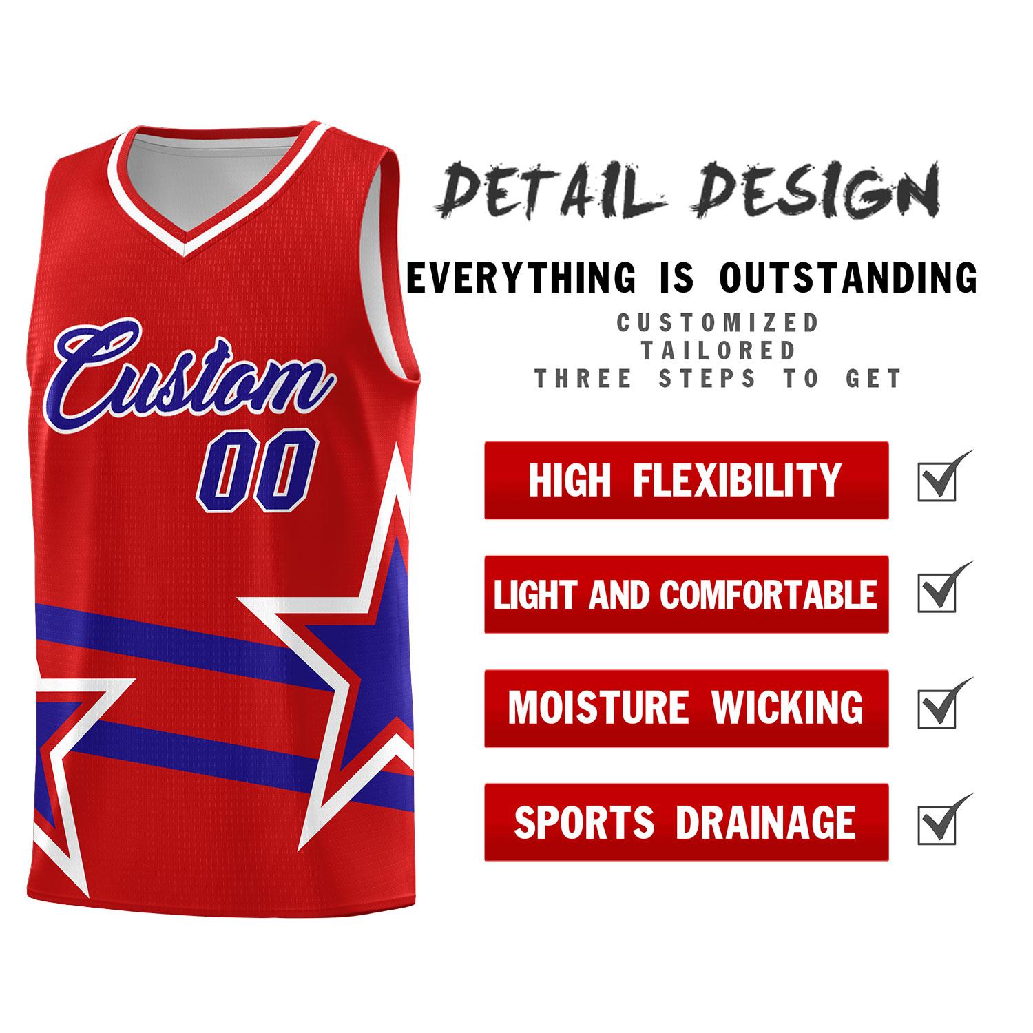 Custom Red Basketball Kits With Royal Star Pattern And Double Lines