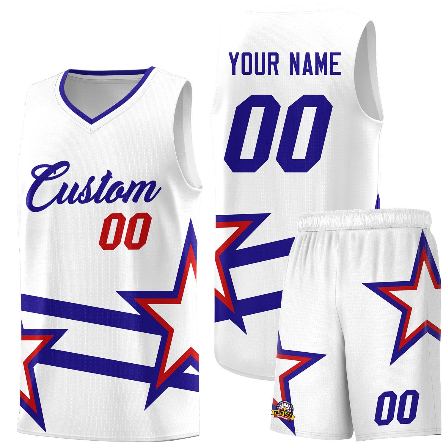 Custom Red Basketball Kits With Royal Star Pattern And Double Lines
