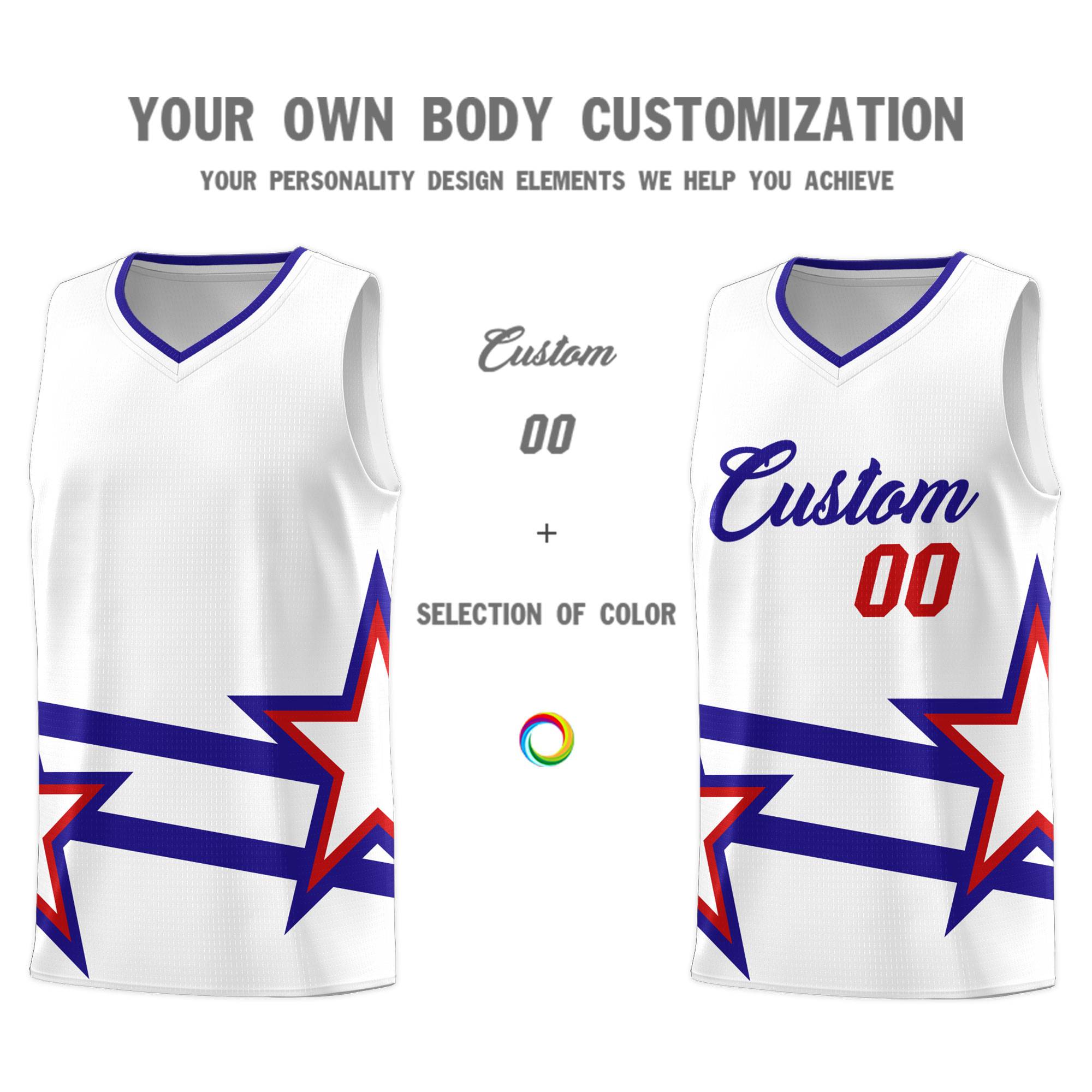 Custom Red Basketball Kits With Royal Star Pattern And Double Lines