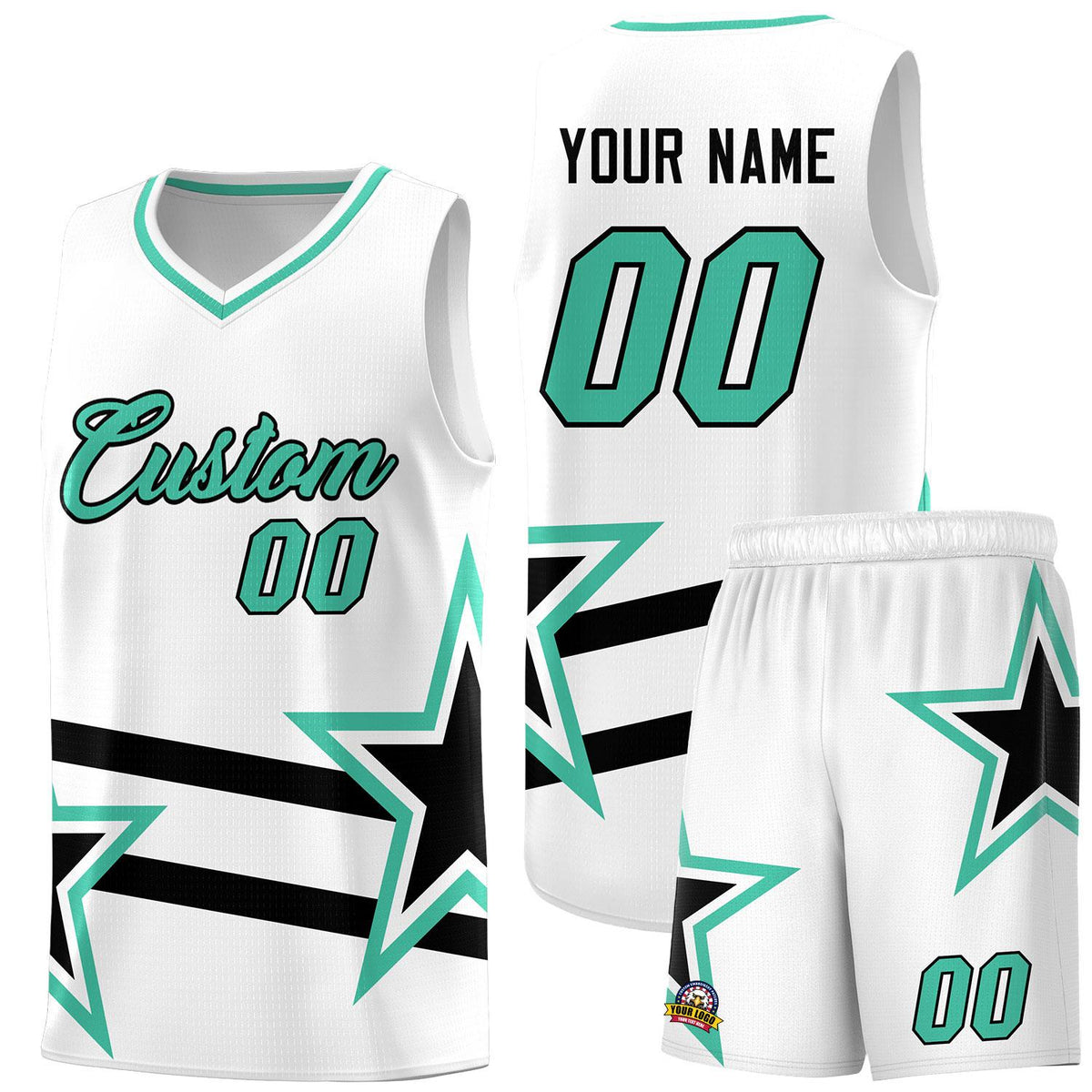 Custom White Basketball Kits With Bright Green Star Pattern And Double Lines