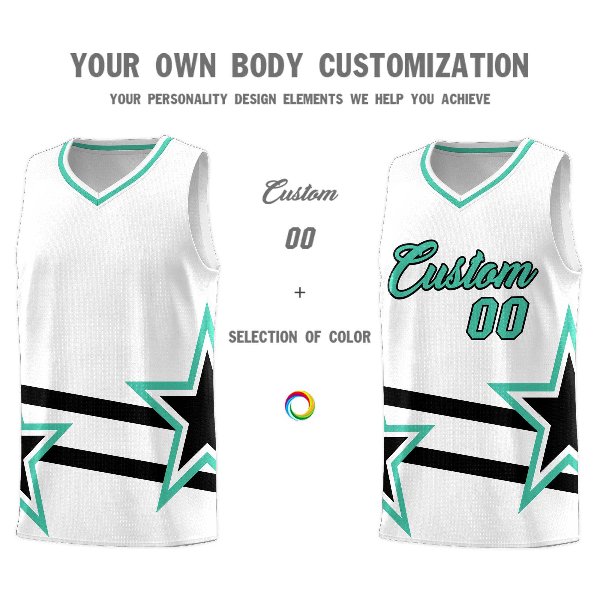 Custom White Basketball Kits With Bright Green Star Pattern And Double Lines