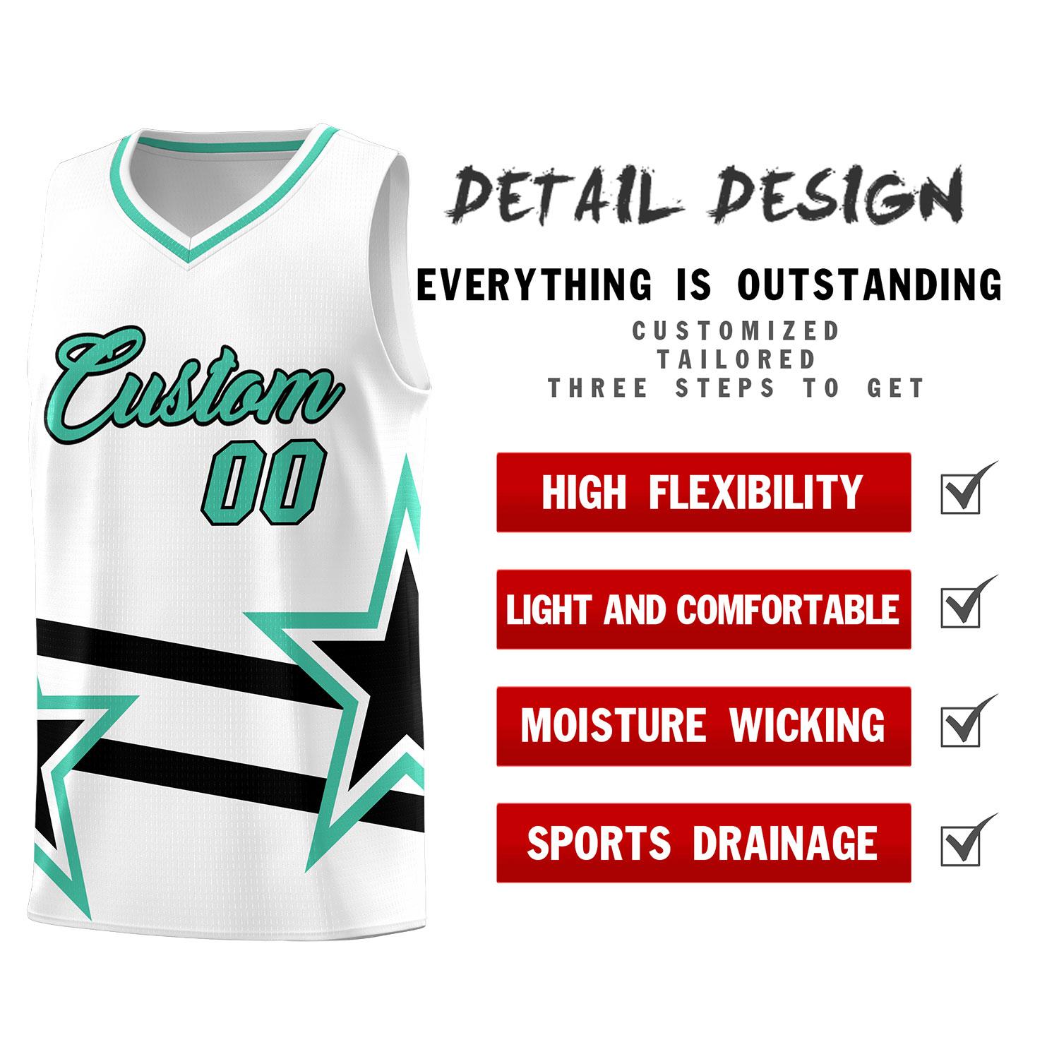 Custom White Basketball Kits With Bright Green Star Pattern And Double Lines