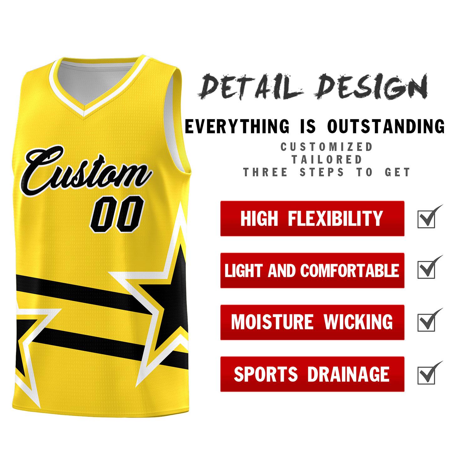 Custom Gold Basketball Kits With Black Star Pattern And Double Lines