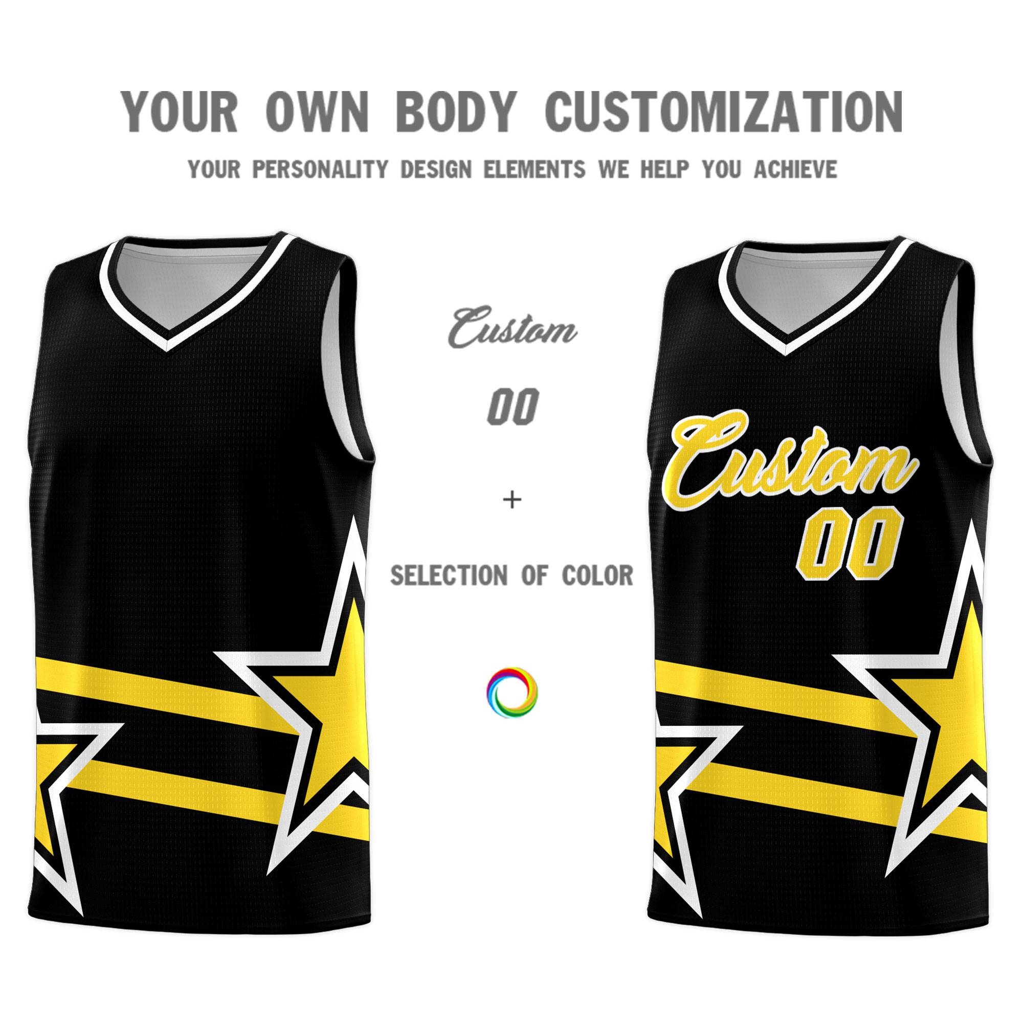 Custom Black Basketball Kits With Gold Star Pattern And Double Lines
