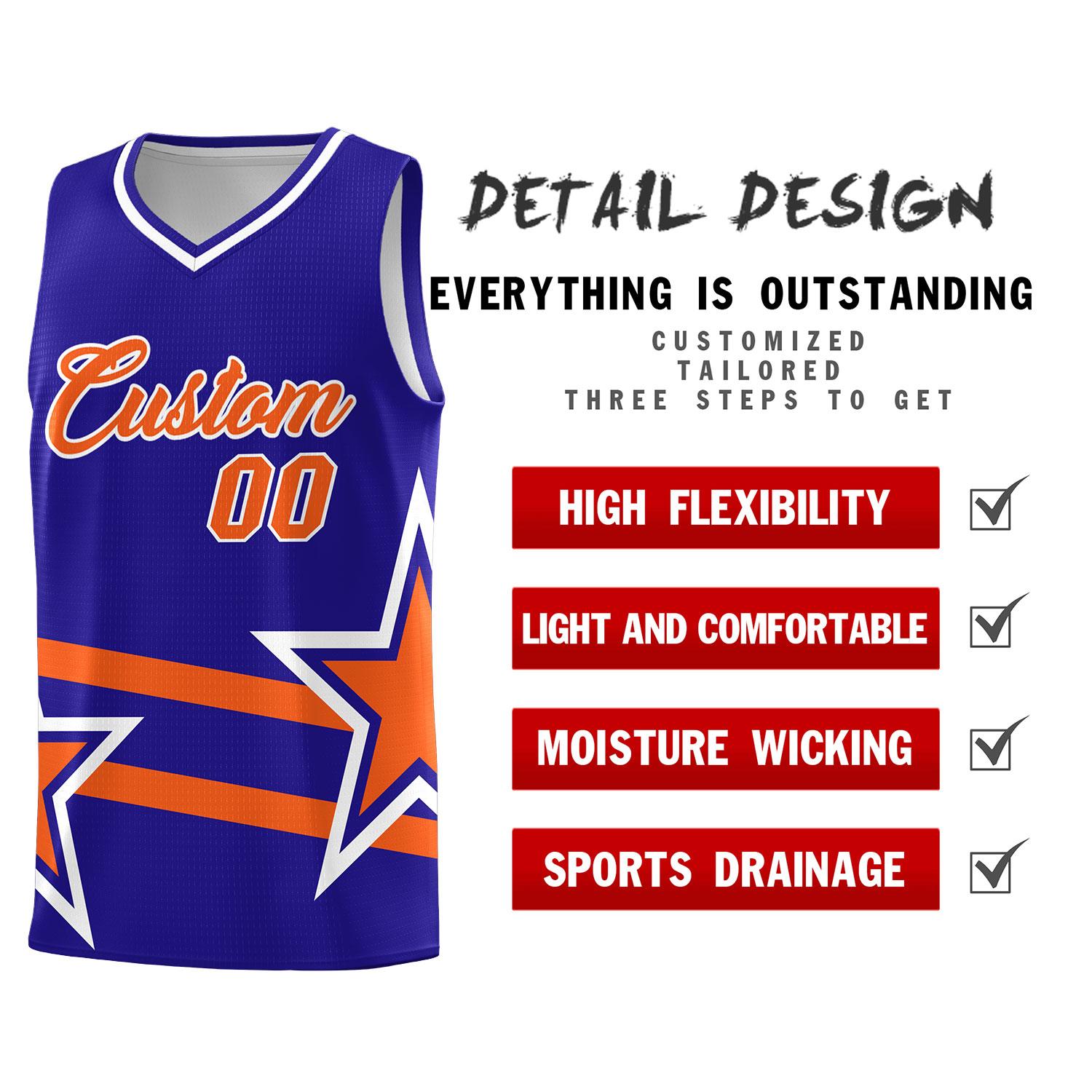 Custom Royal Basketball Kits With Orange Star Pattern And Double Lines