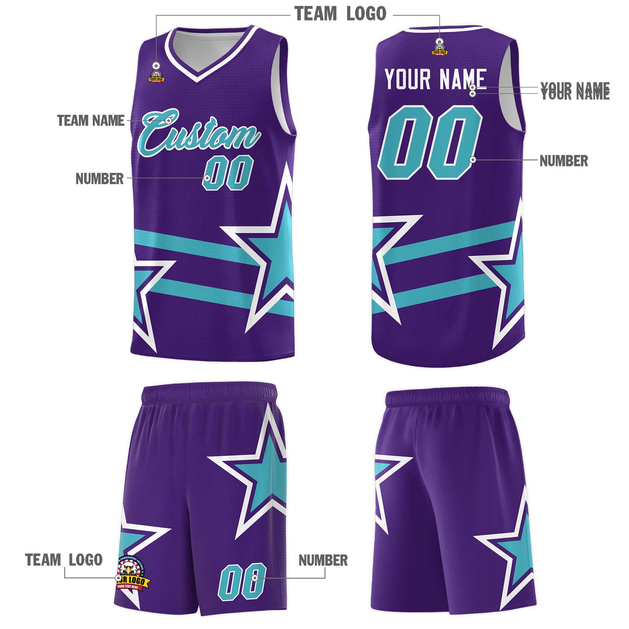 Custom Purple Basketball Kits With Sky Blue Star Pattern And Double Lines