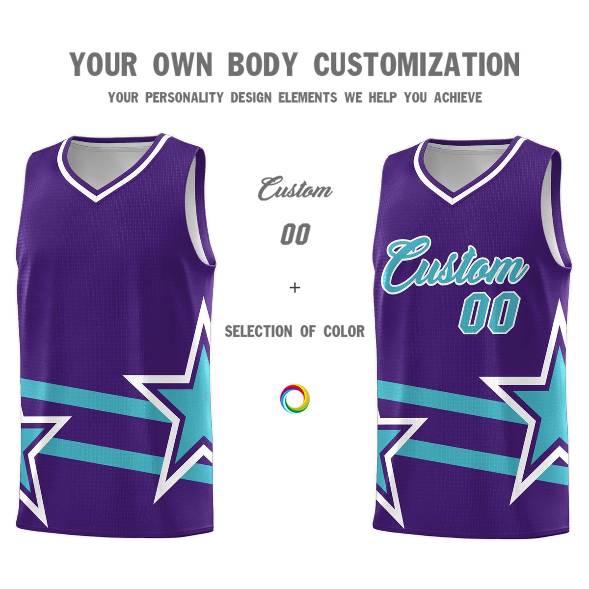 Custom Purple Basketball Kits With Sky Blue Star Pattern And Double Lines