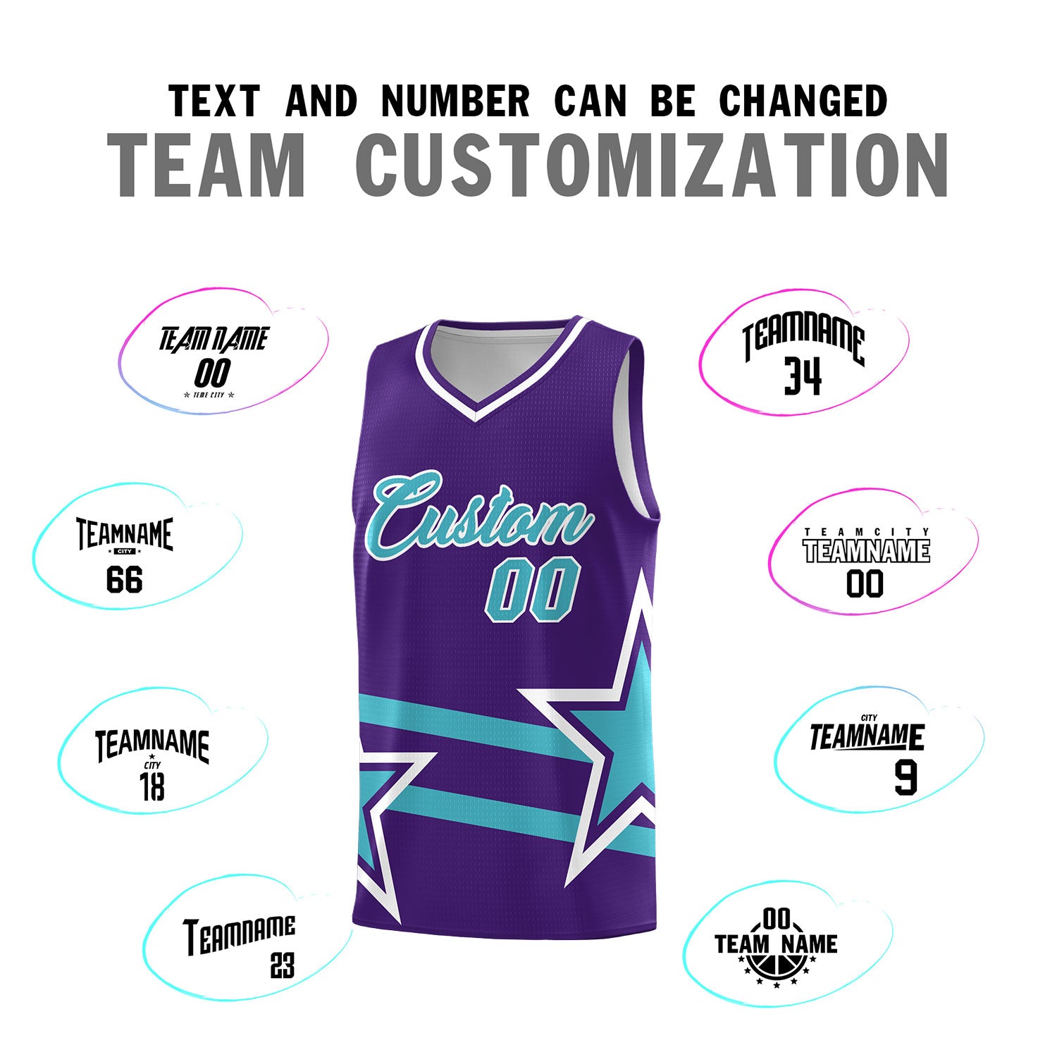 Custom Purple Basketball Kits With Sky Blue Star Pattern And Double Lines