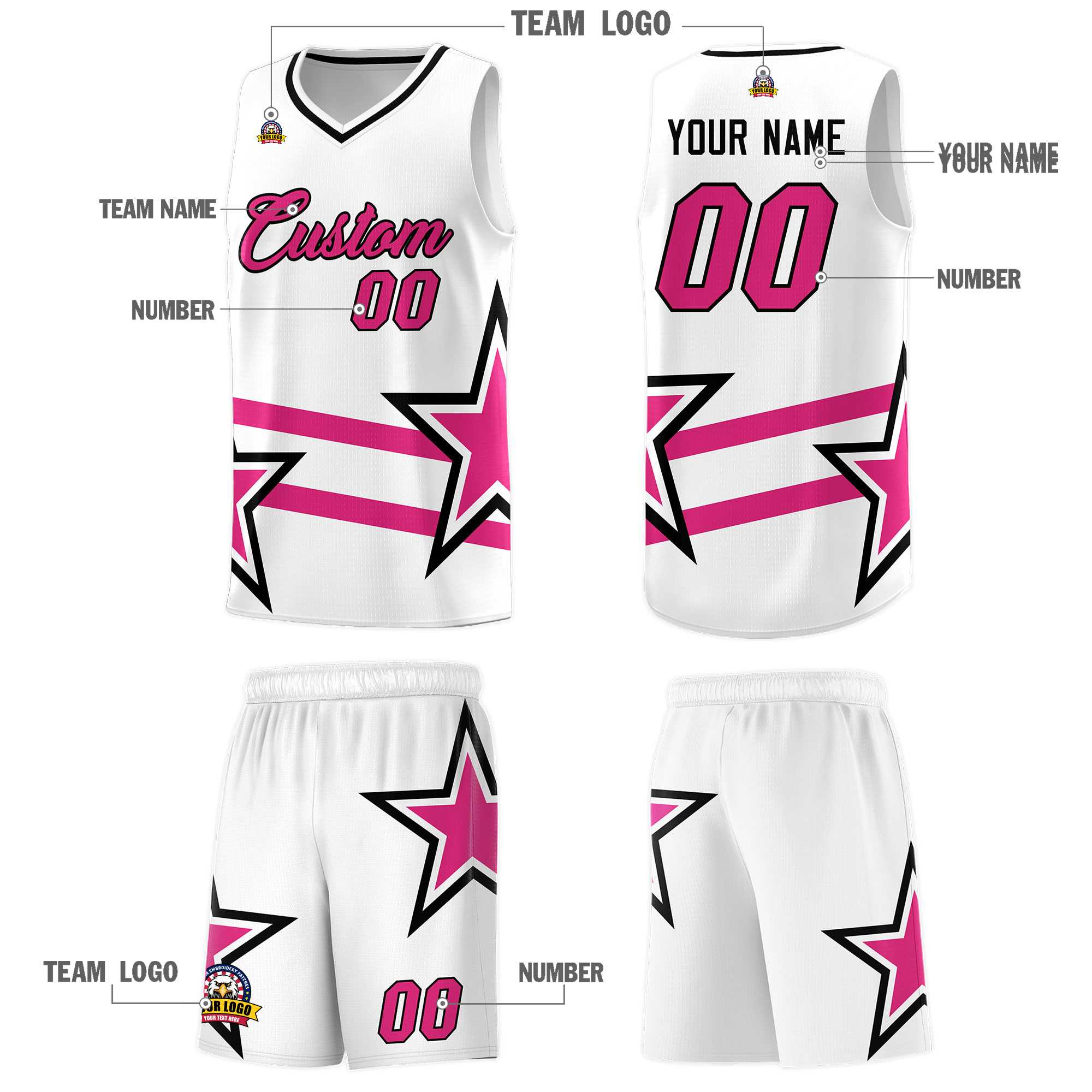 Custom White Basketball Kits With Rose Red Star Pattern And Double Lines