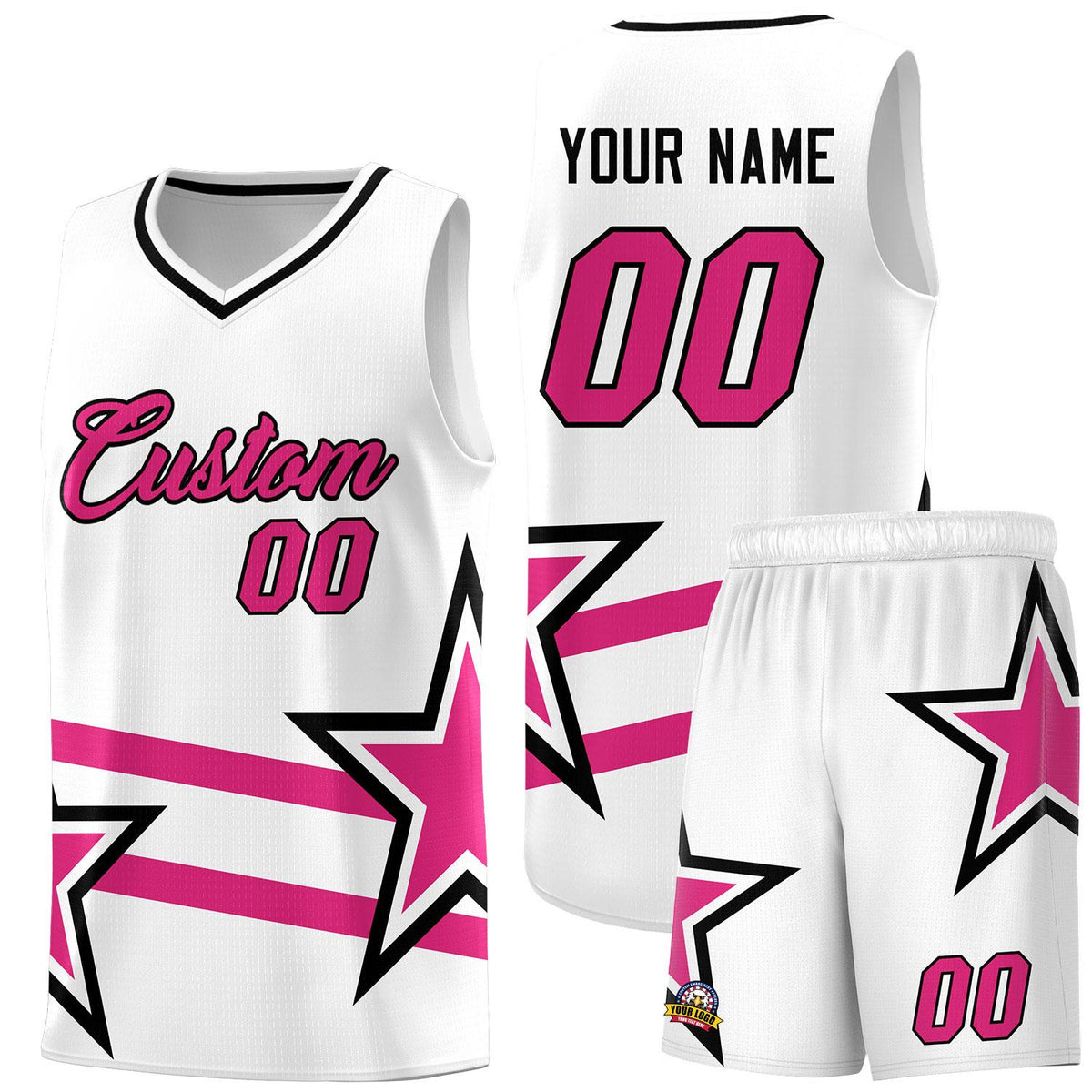 Custom White Basketball Kits With Rose Red Star Pattern And Double Lines