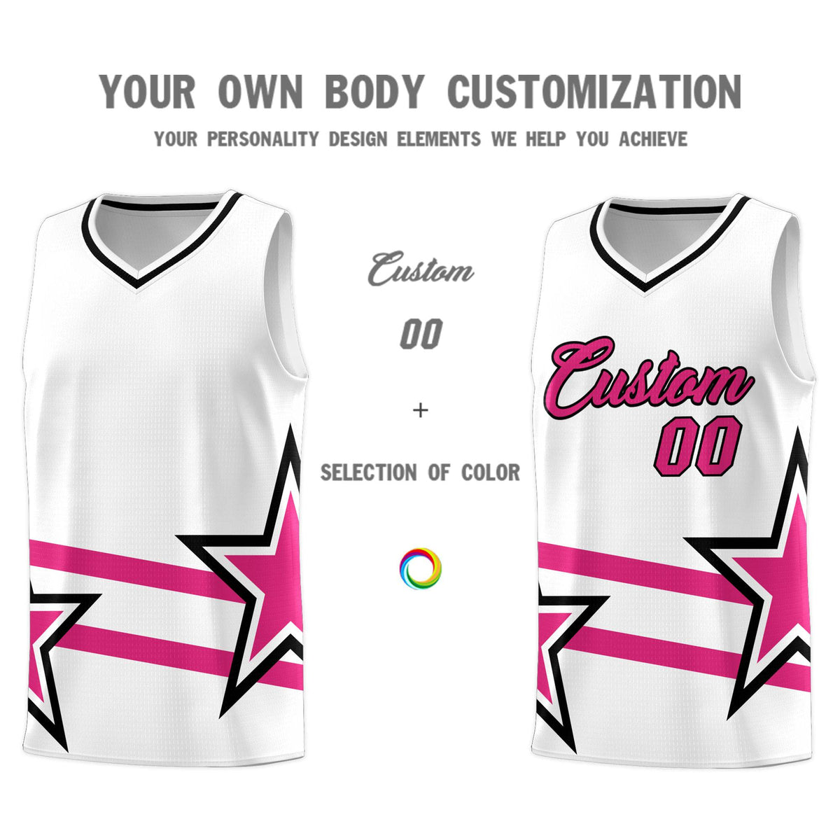 Custom White Basketball Kits With Rose Red Star Pattern And Double Lines