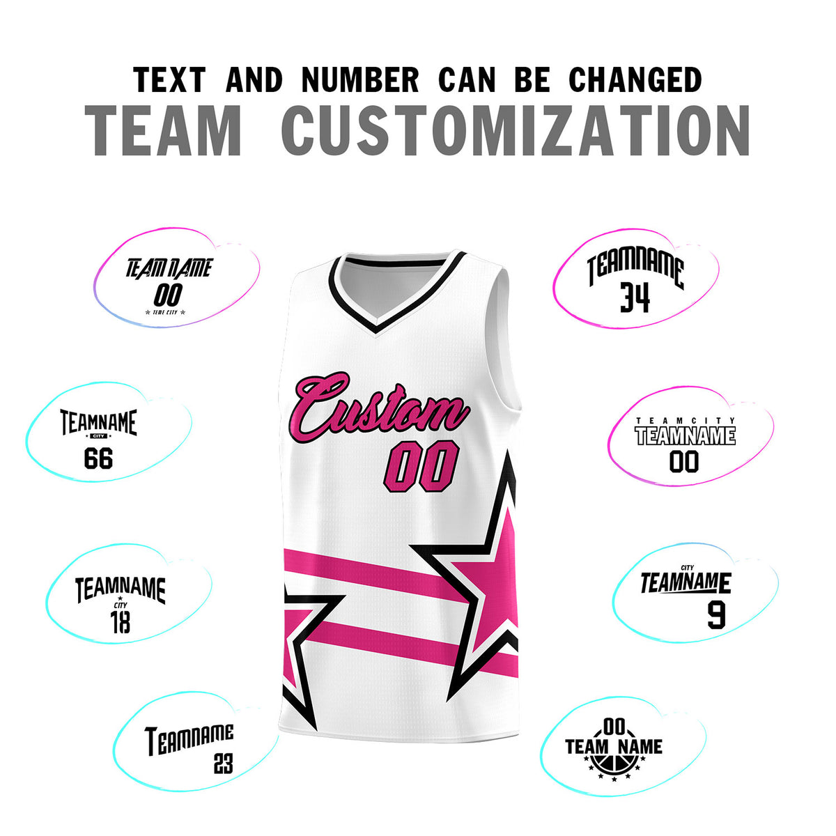 Custom White Basketball Kits With Rose Red Star Pattern And Double Lines