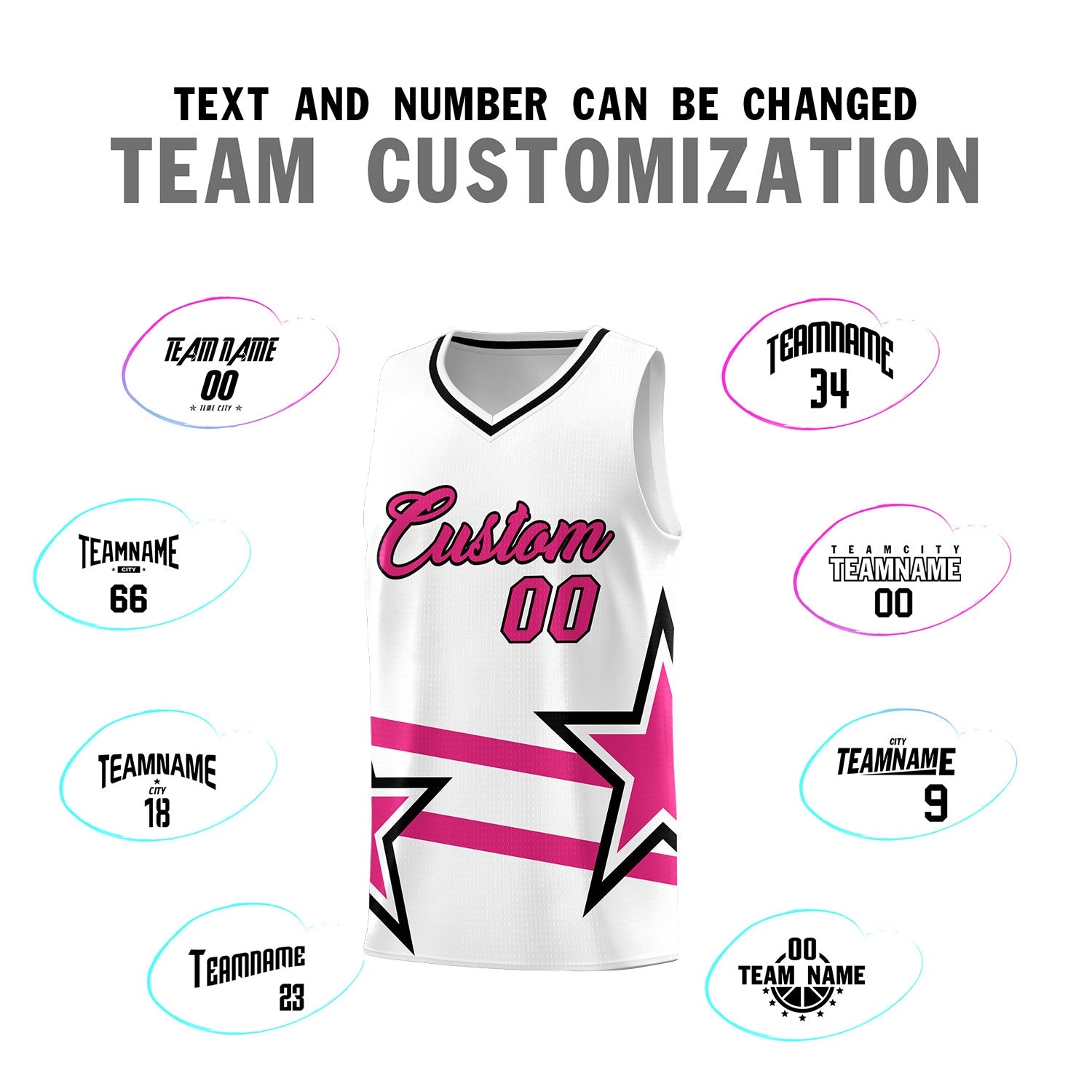 Custom White Basketball Kits With Rose Red Star Pattern And Double Lines