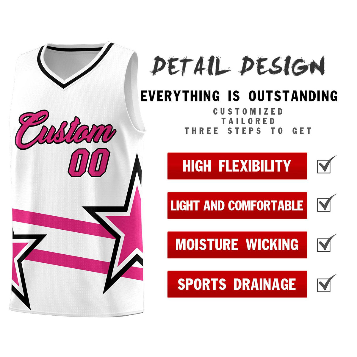 Custom White Basketball Kits With Rose Red Star Pattern And Double Lines