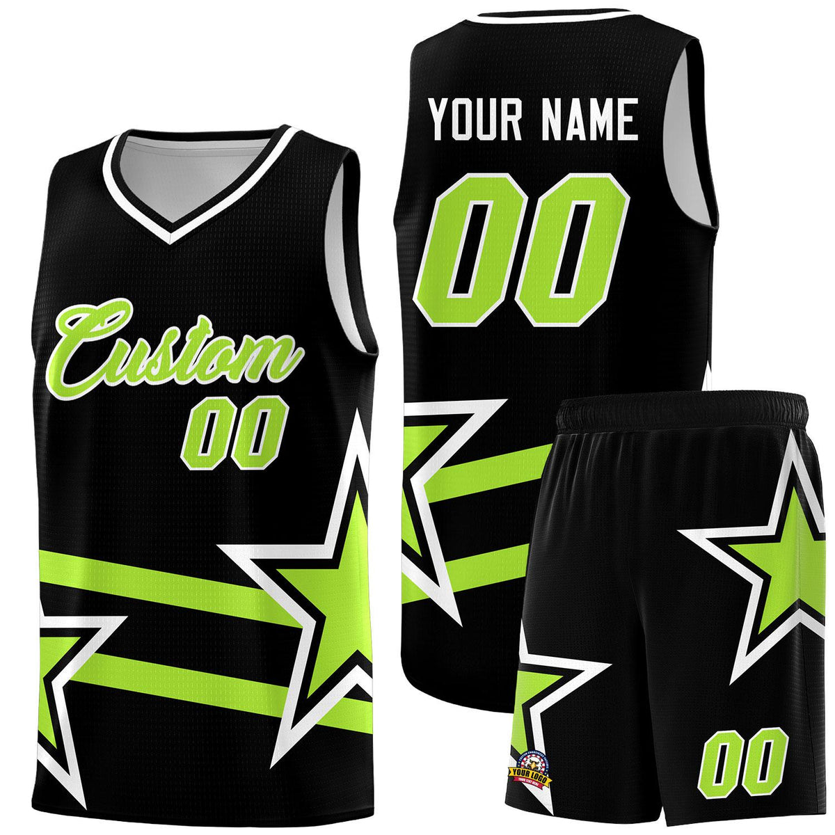 Custom Black Basketball Kits With Neon Green Star Pattern And Double Lines