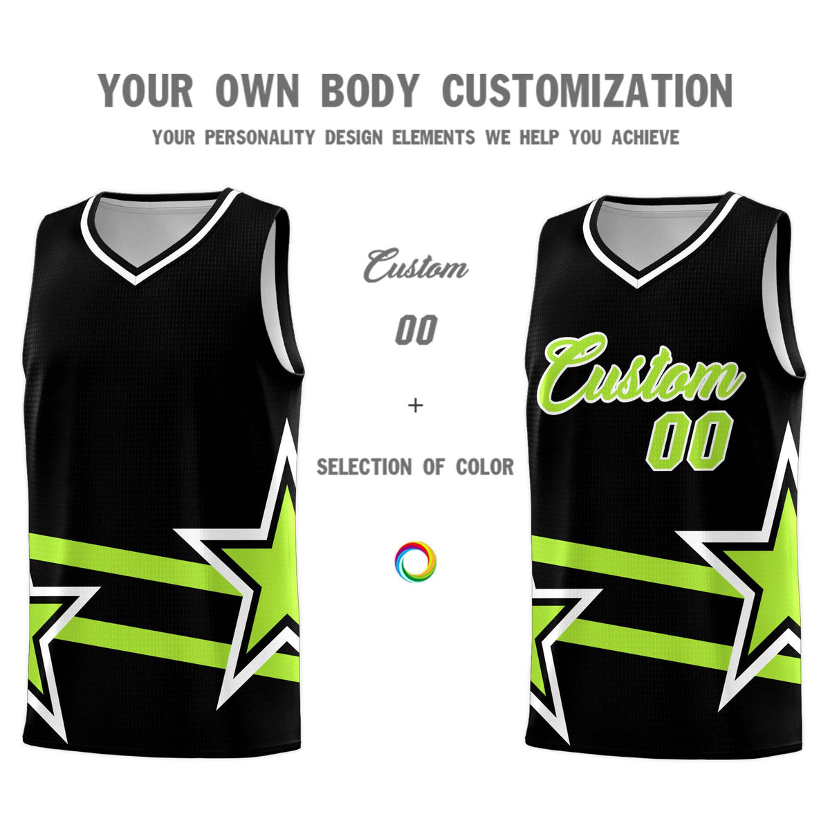 Custom Black Basketball Kits With Neon Green Star Pattern And Double Lines