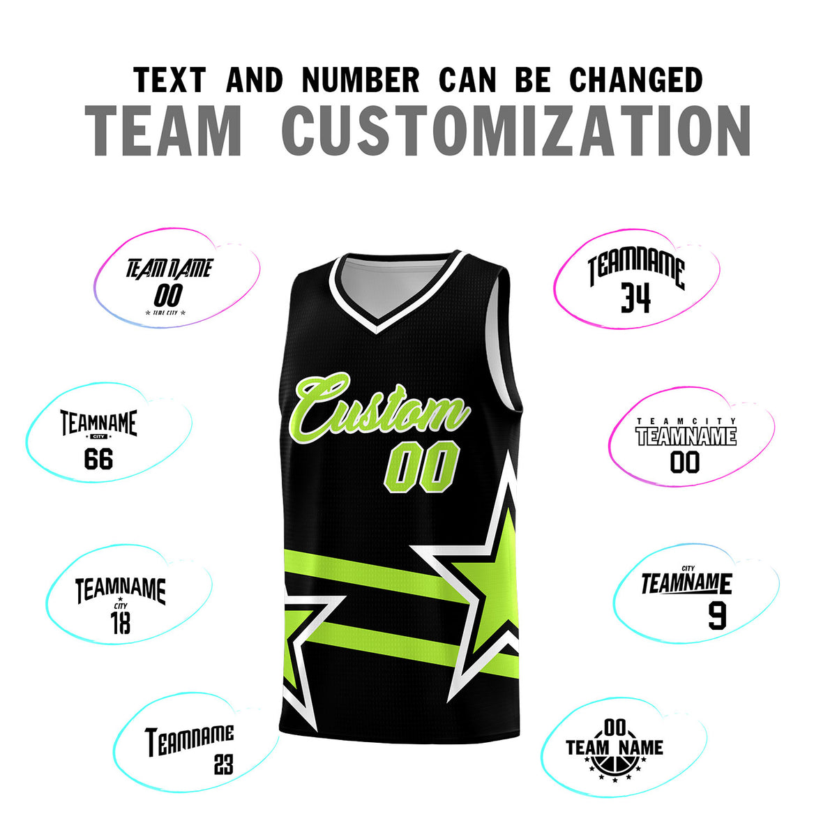 Custom Black Basketball Kits With Neon Green Star Pattern And Double Lines
