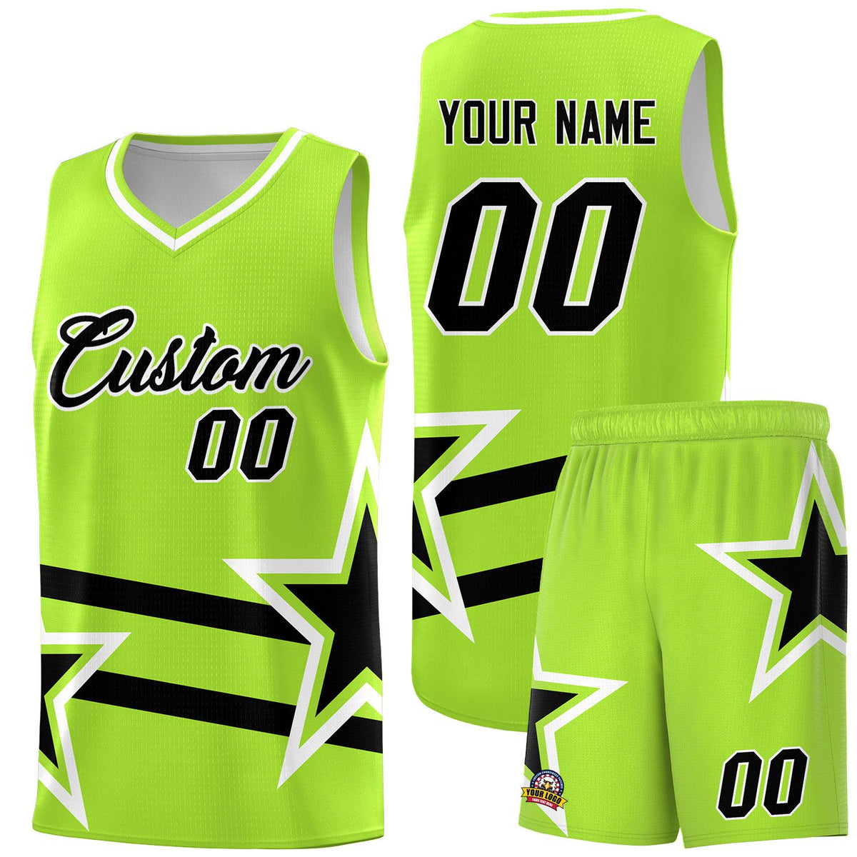 Custom Neon Green Basketball Kits With Black Star Pattern And Double Lines