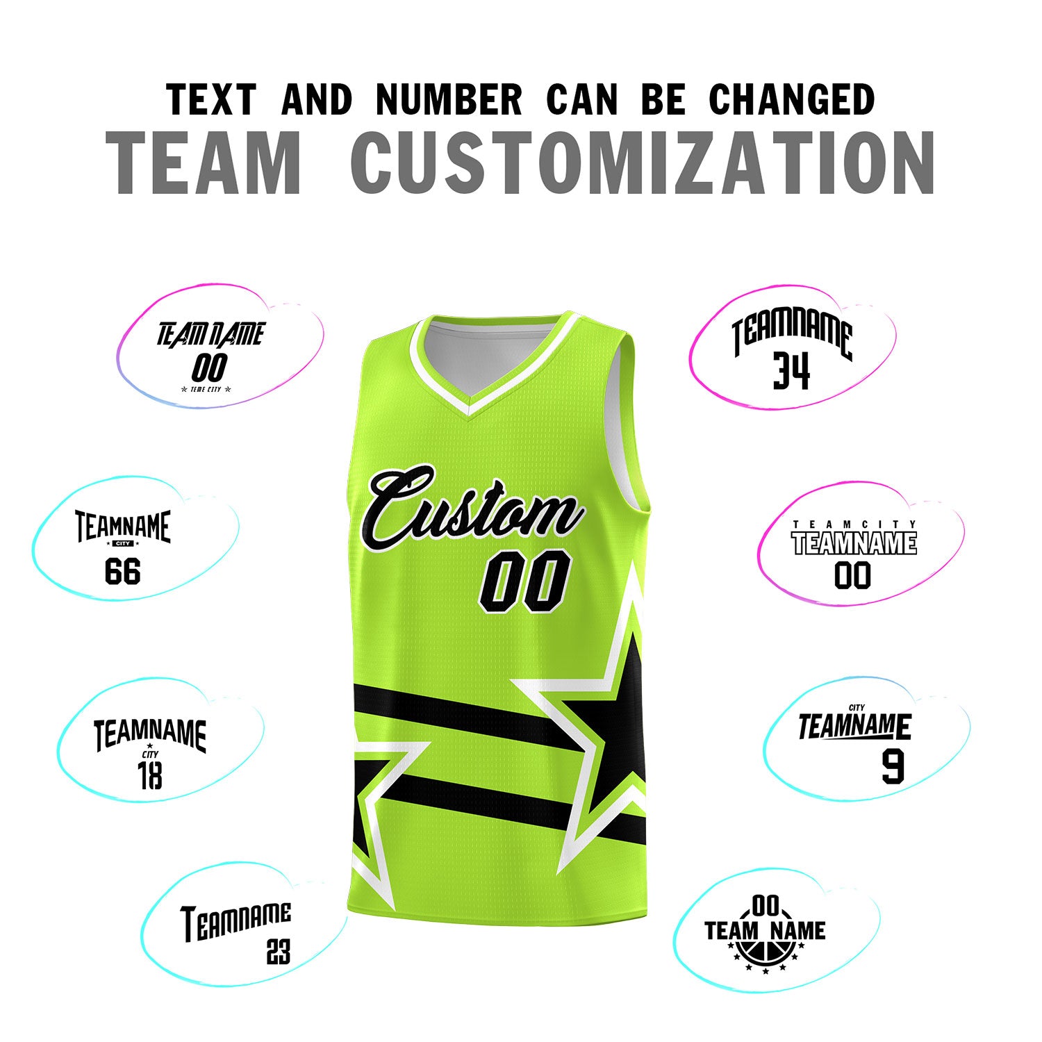 Custom Neon Green Basketball Kits With Black Star Pattern And Double Lines