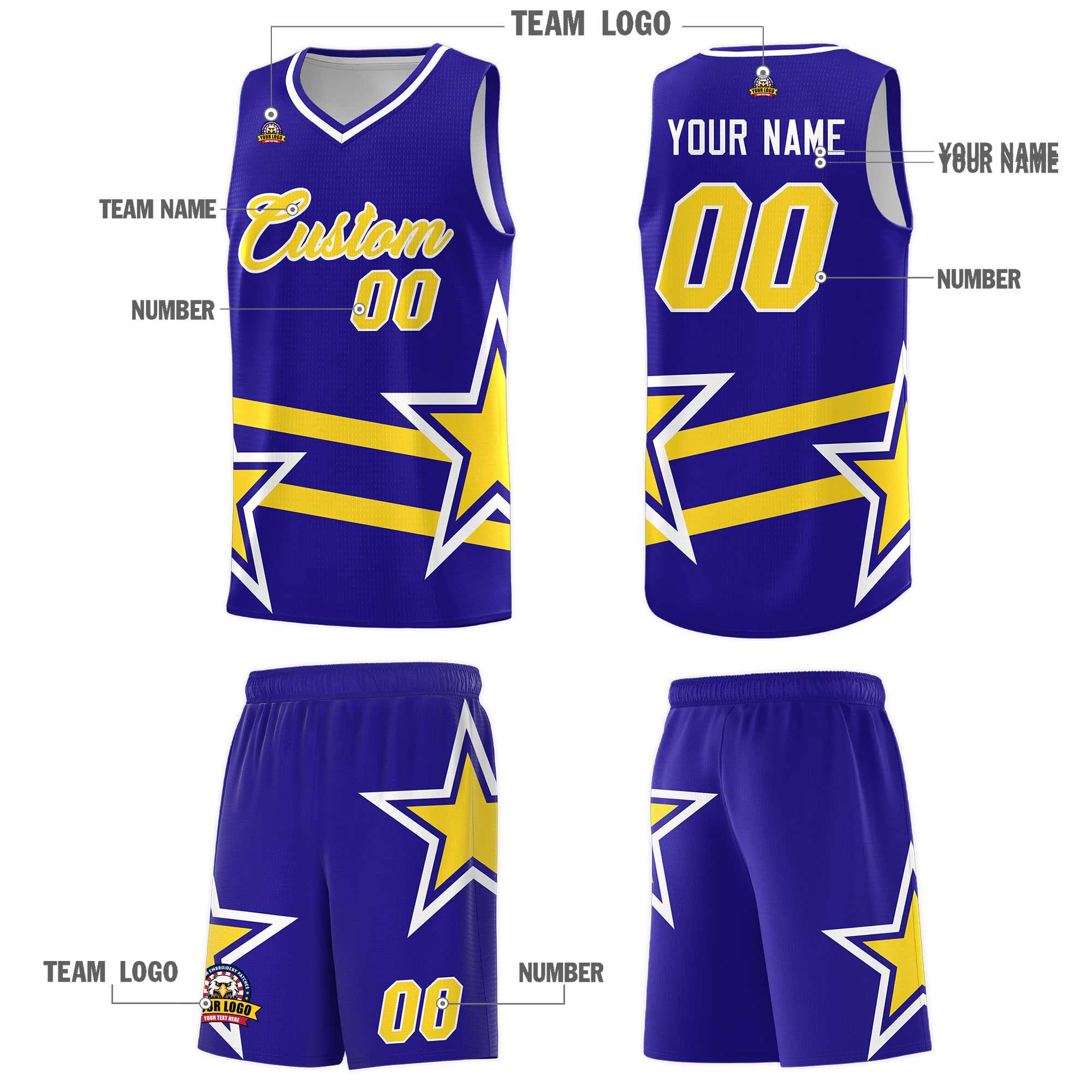 Custom Royal Basketball Kits With Gold Star Pattern And Double Lines