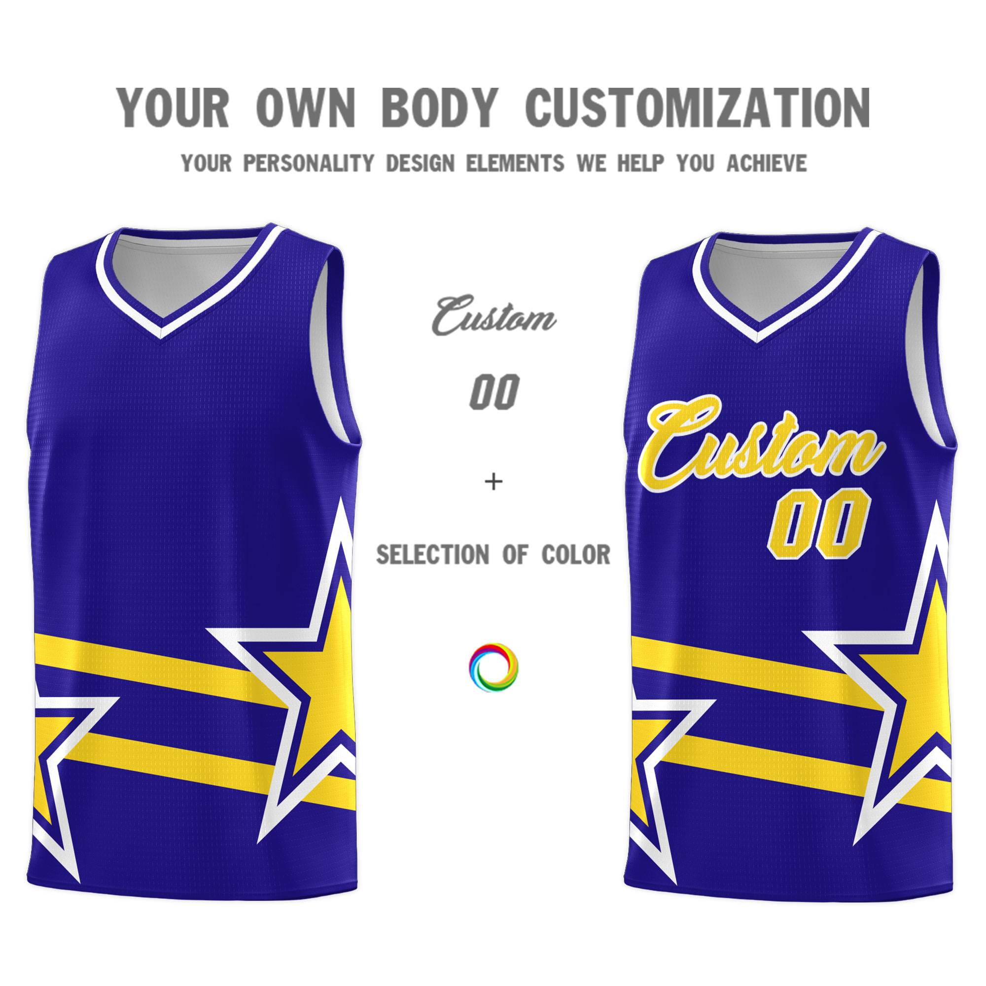 Custom Royal Basketball Kits With Gold Star Pattern And Double Lines