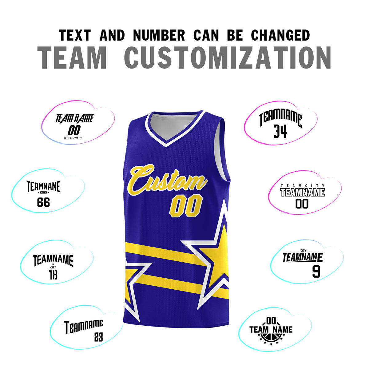 Custom Royal Basketball Kits With Gold Star Pattern And Double Lines