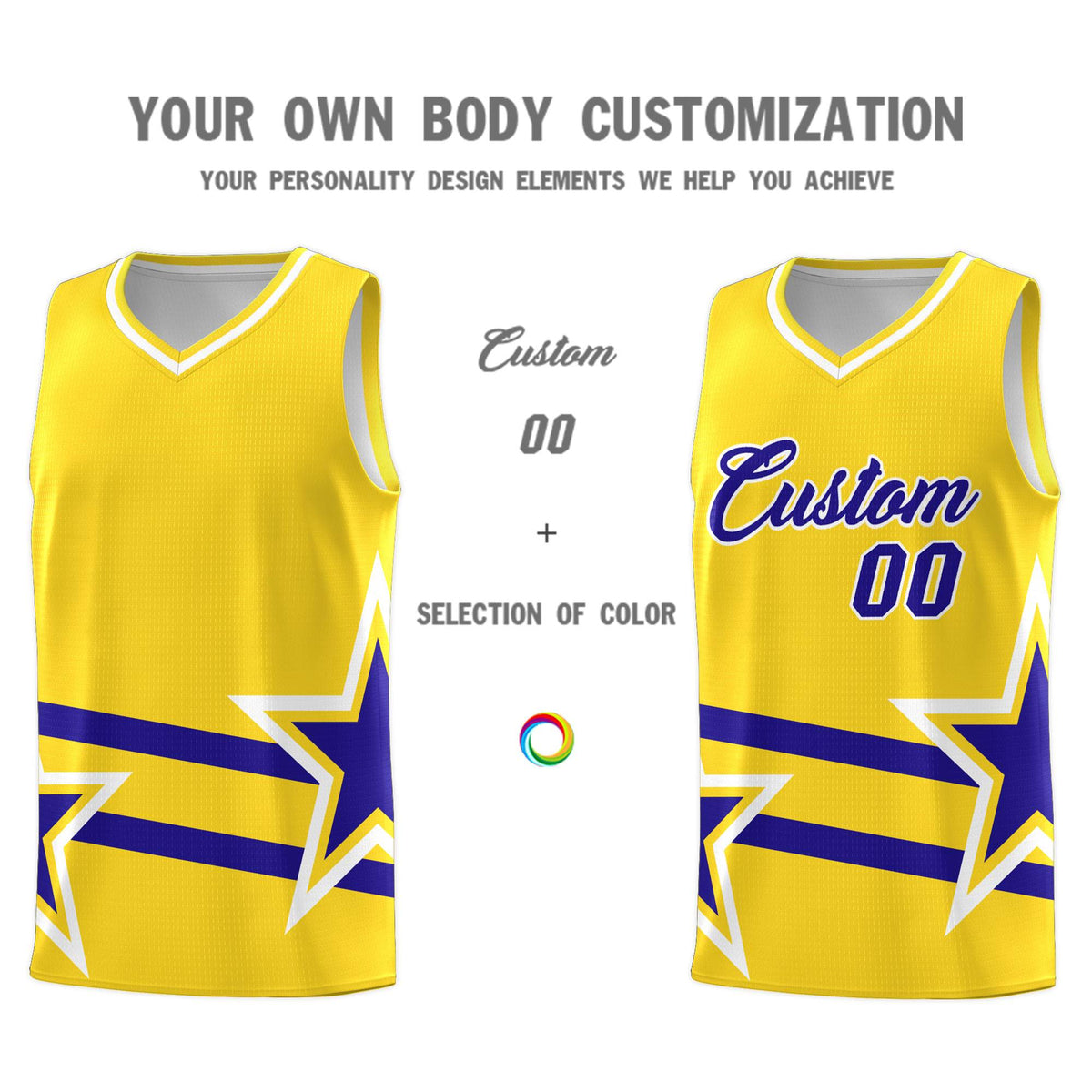 Custom Gold Basketball Kits With Royal Star Pattern And Double Lines