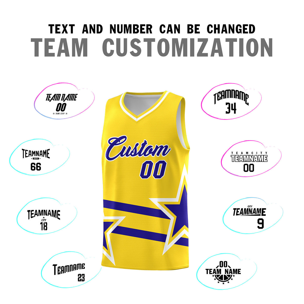 Custom Gold Basketball Kits With Royal Star Pattern And Double Lines
