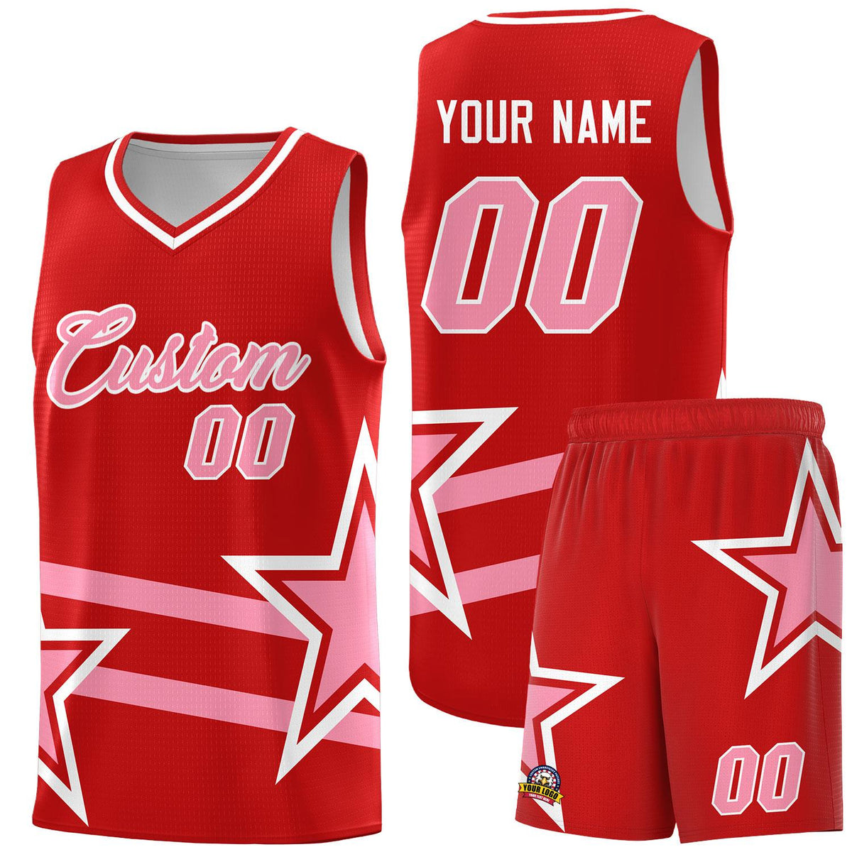 Custom Red Basketball Kits With Light Pink Star Pattern And Double Lines