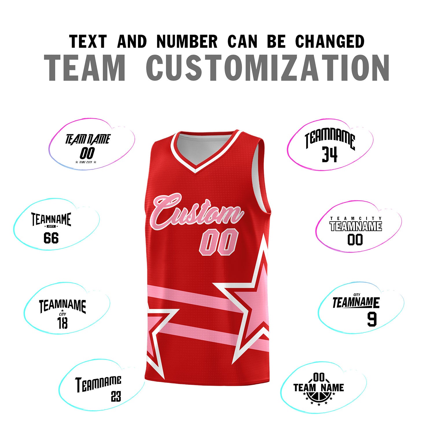 Custom Red Basketball Kits With Light Pink Star Pattern And Double Lines