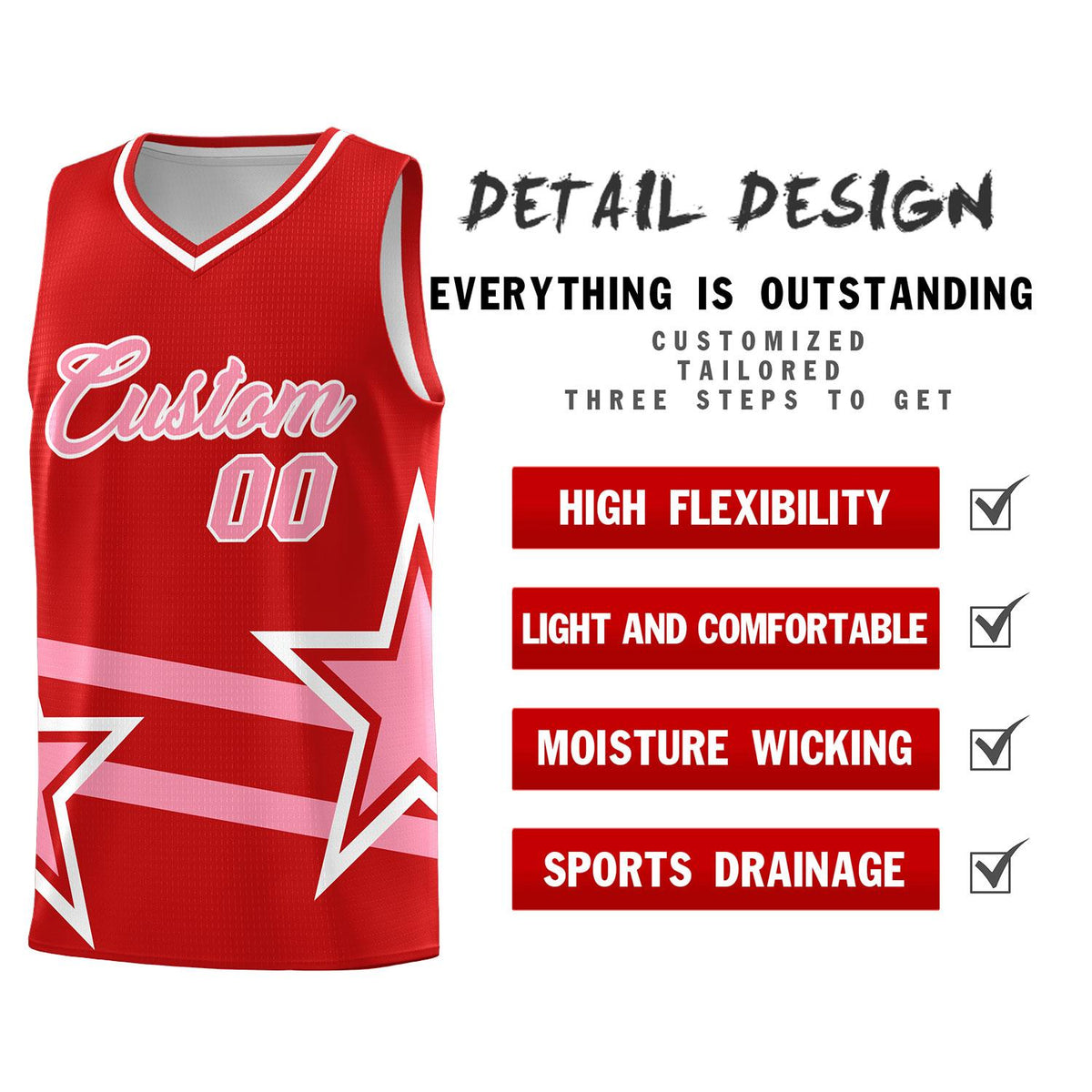 Custom Red Basketball Kits With Light Pink Star Pattern And Double Lines